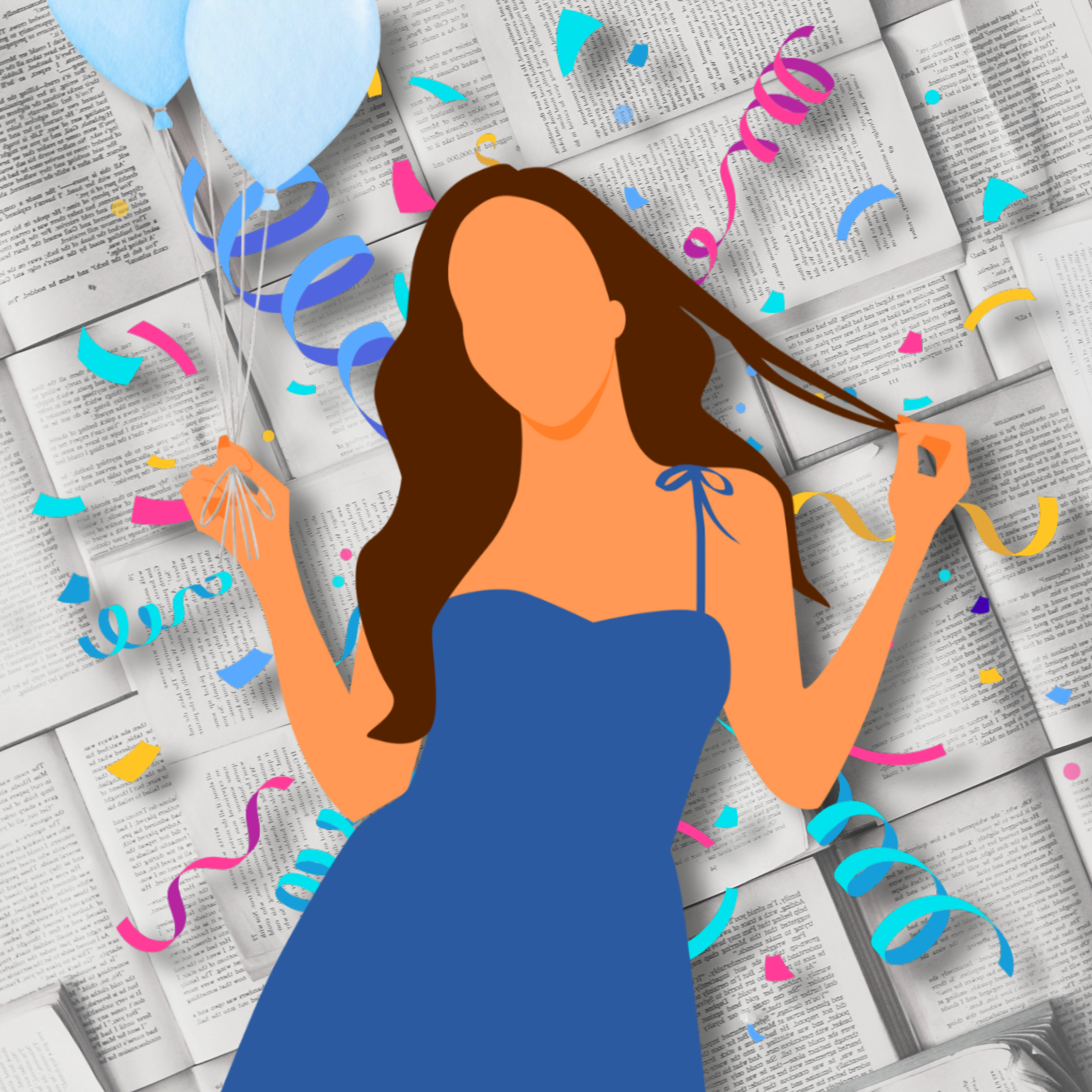 An illustration of a woman with long dark hair wearing a blue dress, holding blue balloons, surrounded by colorful confetti and streamers, with a background of open books.