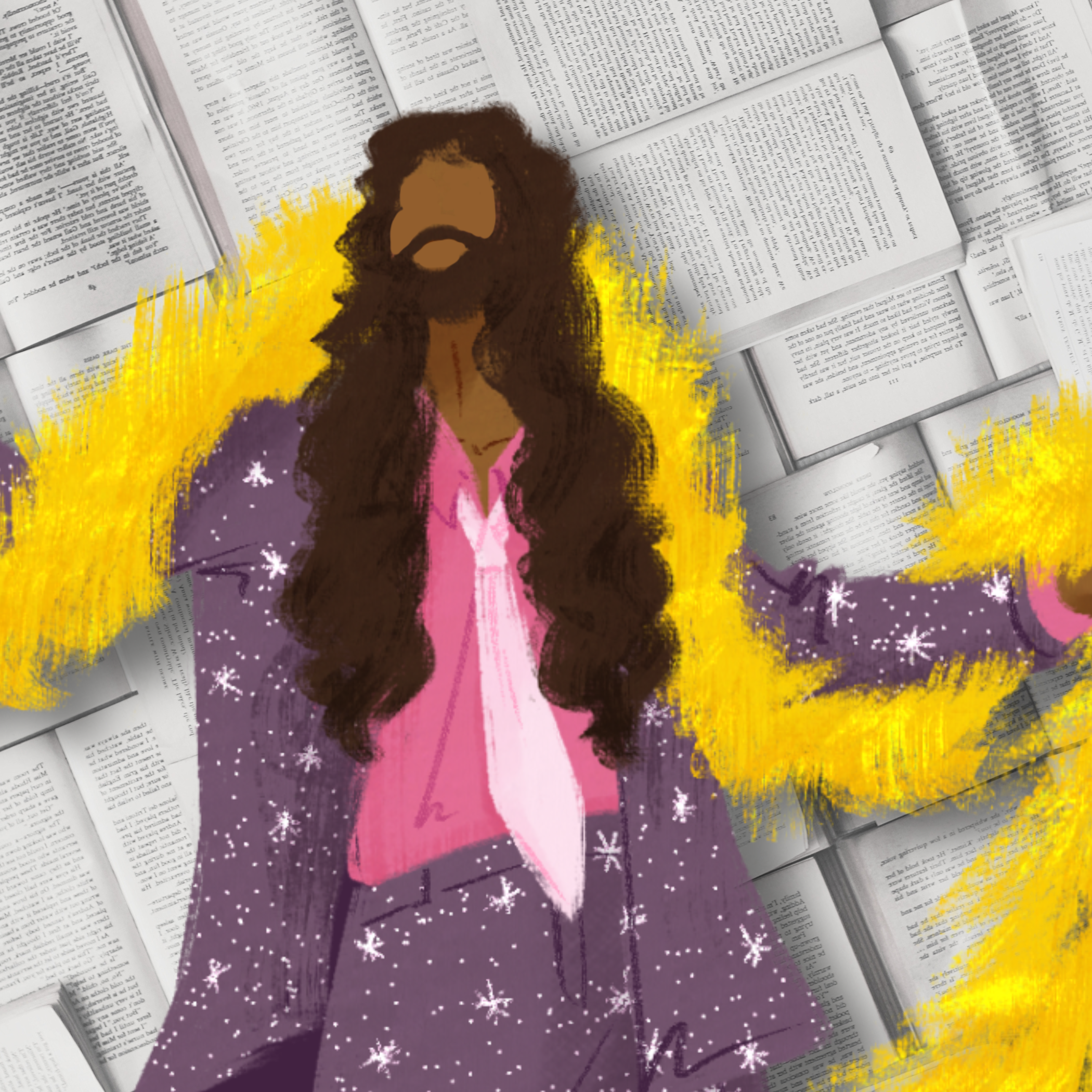 Digital illustration of a woman with long, wavy dark hair and a beard, wearing a purple jacket with white snowflakes and a pink shirt, surrounded by yellow, pink, and purple abstract shapes, with an open book background.