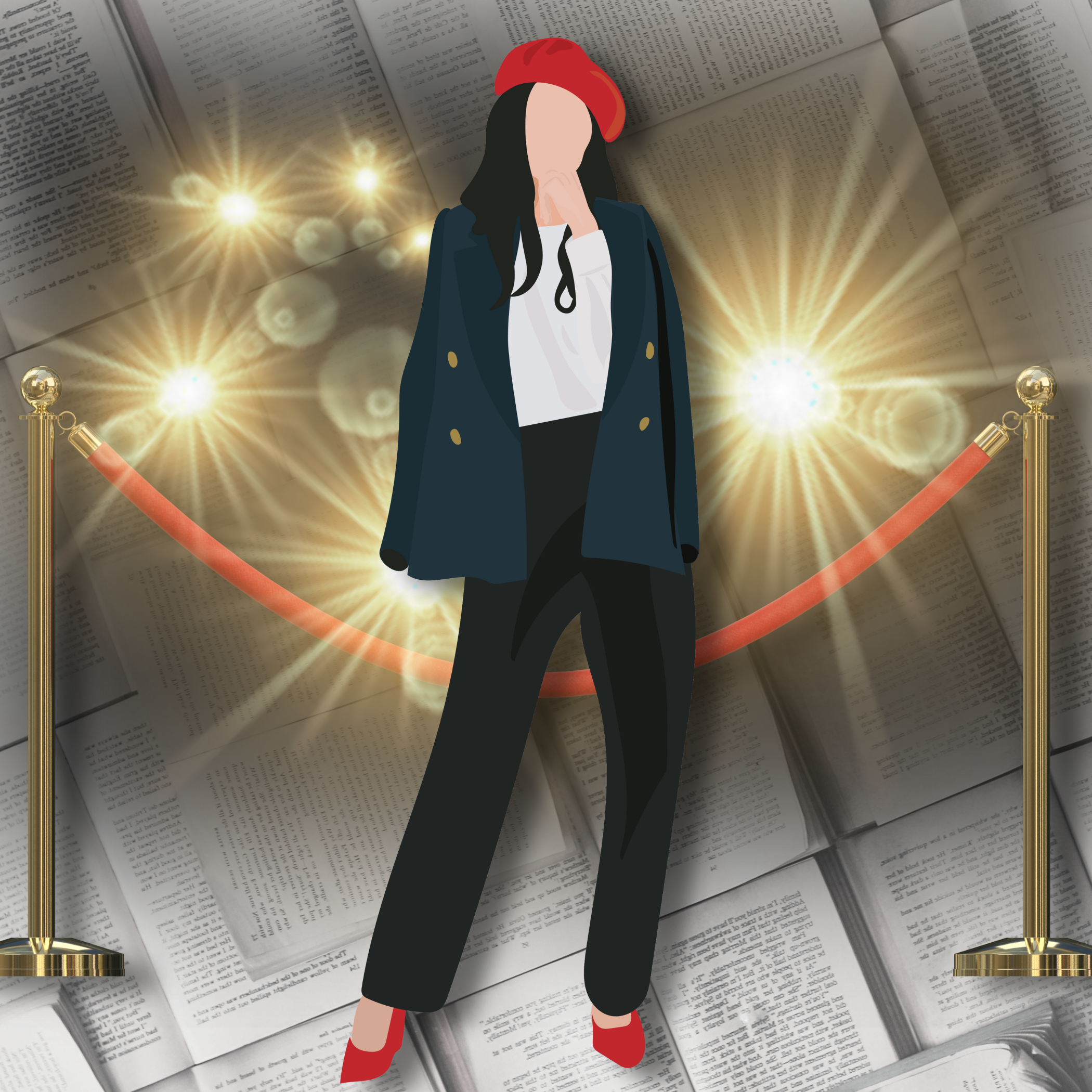 Digital illustration of a faceless woman in a navy coat and red shoes, standing with a hand covering her face, in front of a background of open books and glowing lights, with a red velvet rope barrier.