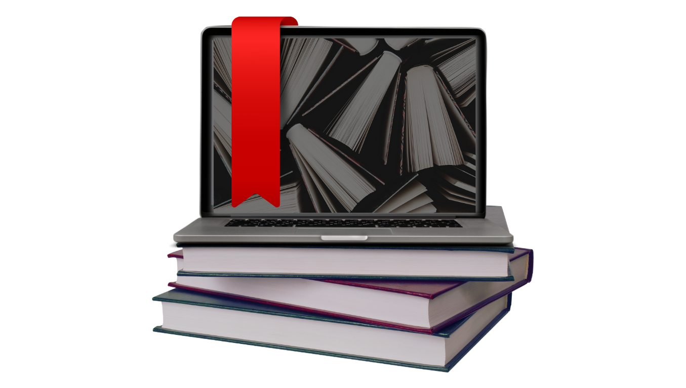 GetBookd Laptop with a red bookmark icon on the screen, stacked on top of several large books.