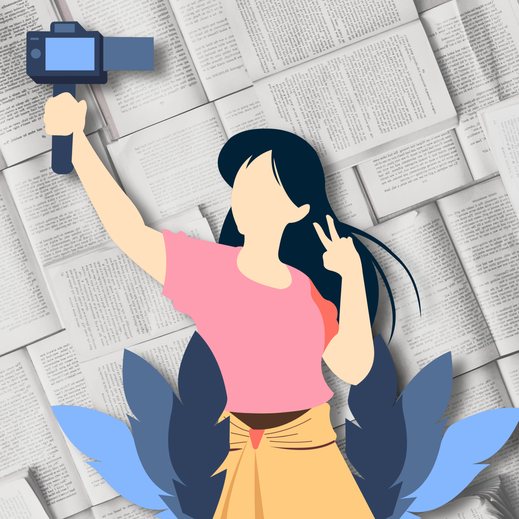 Digital illustration of a faceless person taking a selfie with a camera, making a peace sign with the other hand, surrounded by stylized blue leaves, with a background of open newspapers.