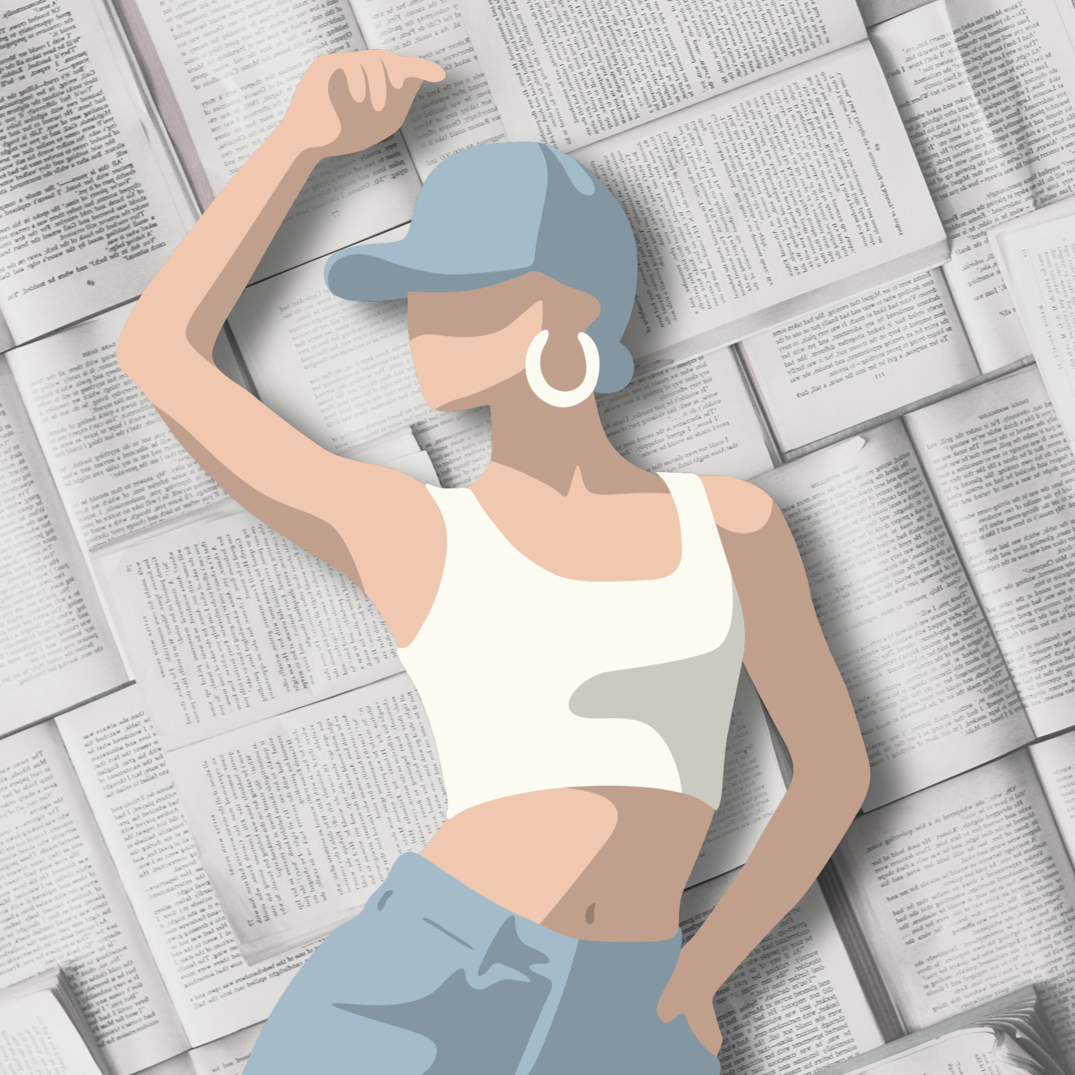 An illustration of a person with blue hair, wearing large hoop earrings, a white tank top, and blue jeans, lying on a background of open books, with one hand resting on their head.