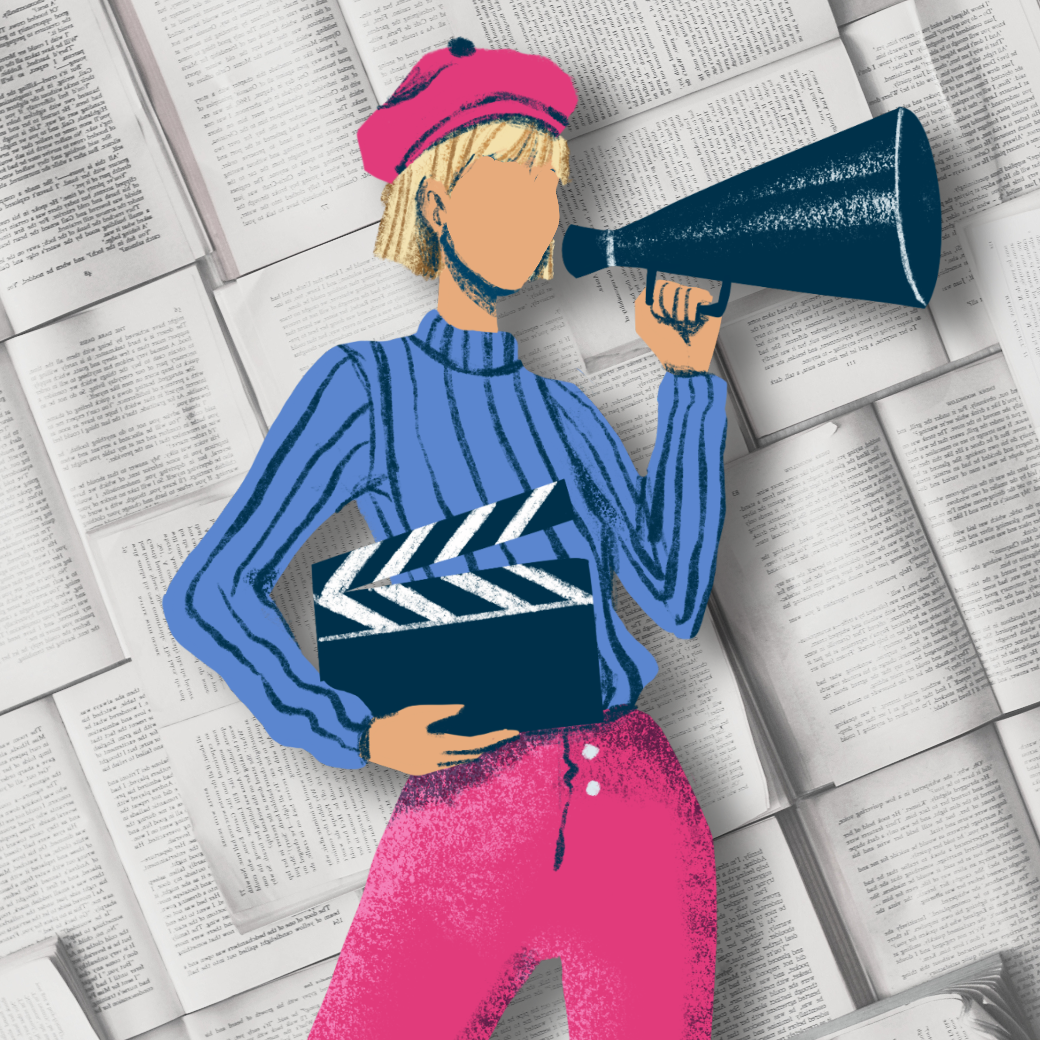 Illustration of a woman holding a megaphone and a clapperboard, standing in front of a background filled with open books.