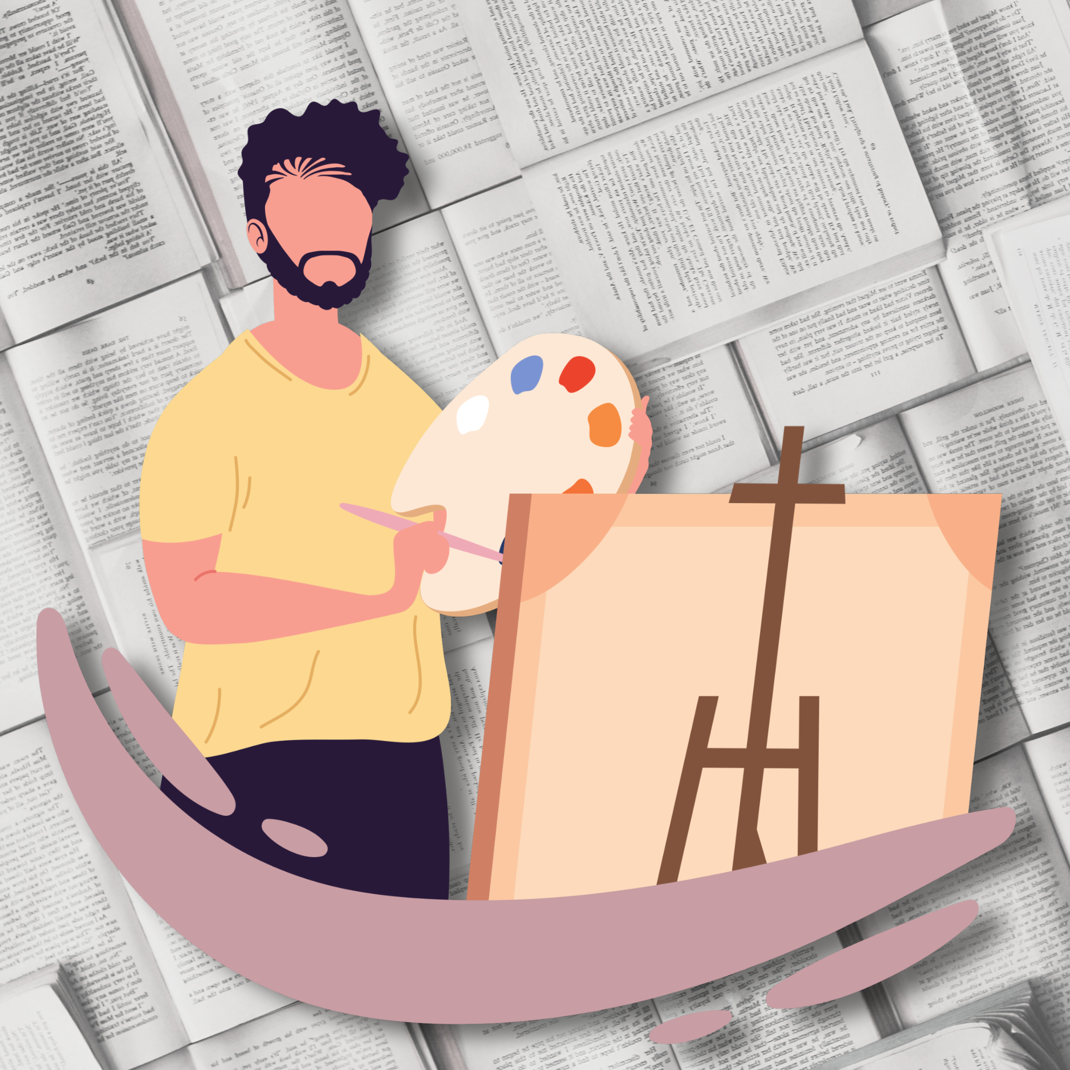 Illustration of a man with a beard and curly hair standing in front of an easel with a blank canvas, holding a painter's palette and brush, with a background of scattered open books.