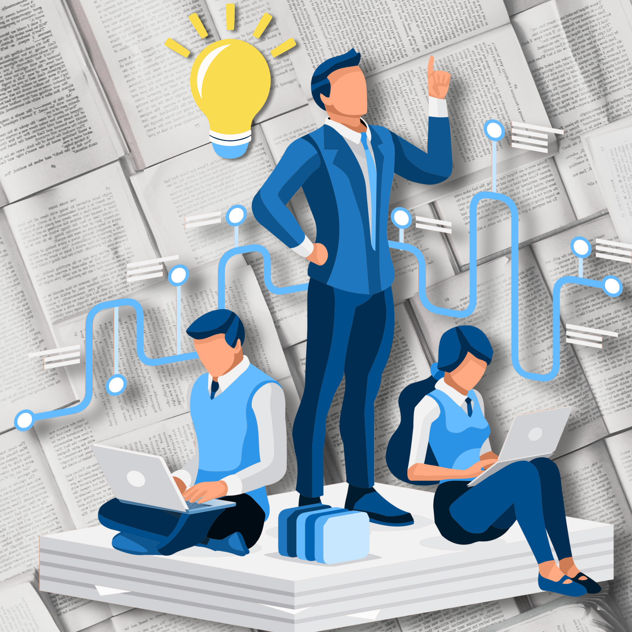 Illustration of three business professionals with laptops, one standing and two sitting, with a background of open books and overlaid data graphics indicating ideas and analysis.