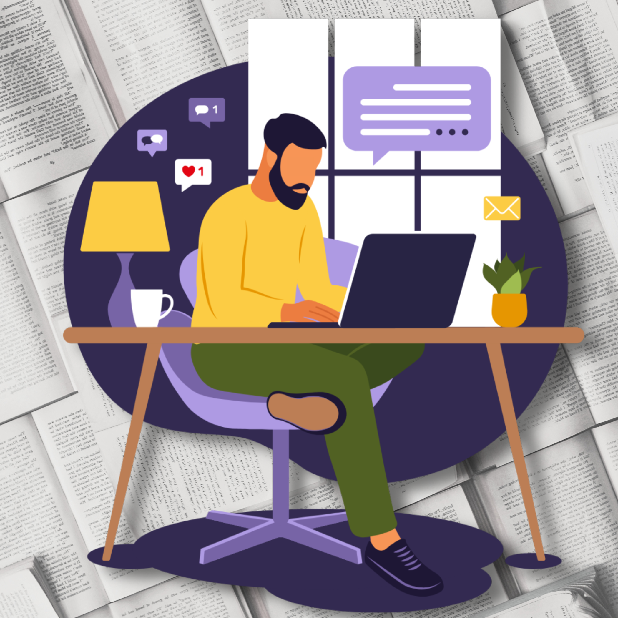 A digital illustration of a man working on a laptop at a desk with a lamp, coffee mug, and potted plant, surrounded by social media icons and chat bubbles. The background features a circular frame with open books.