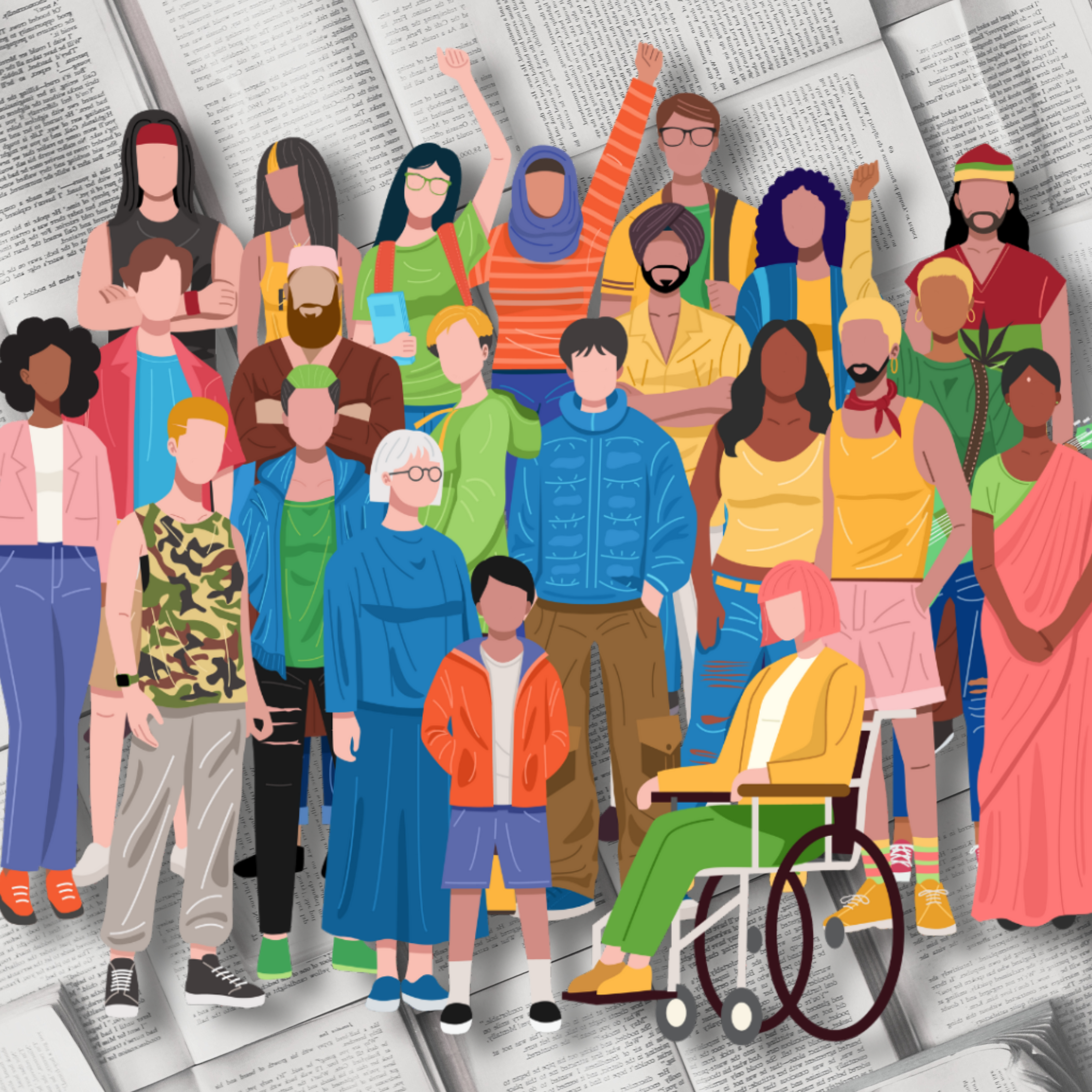 Illustration of diverse group of people of different ages, races, and abilities, standing together on a background of open books.