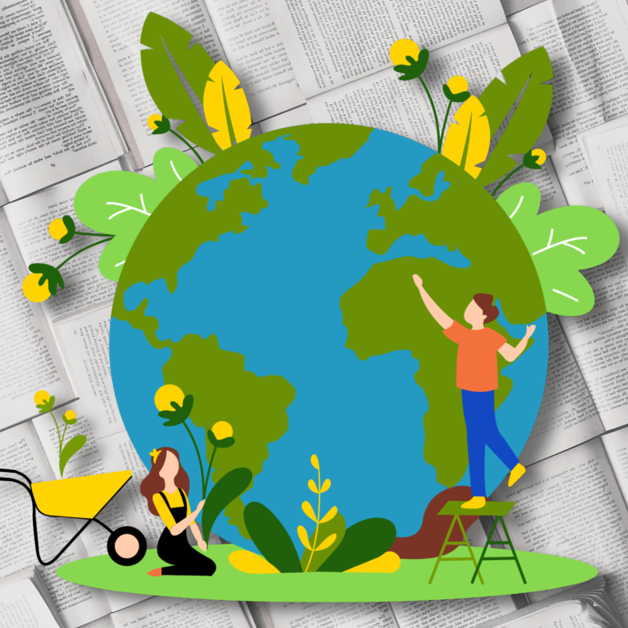 Illustration of Earth with green continents and blue oceans, surrounded by cartoon people planting and caring for plants, set against a background of open books.