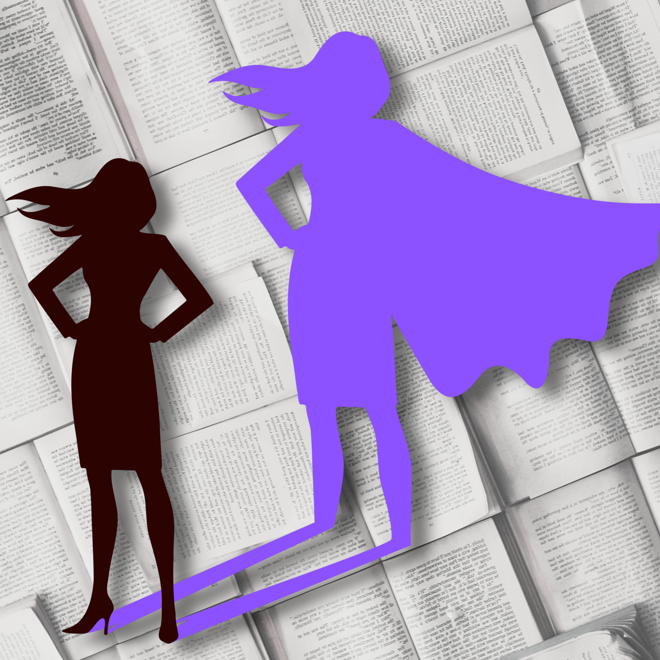Silhouettes of a woman and a superhero, woman in black with hands on hips, superhero in purple with cape, lying on open books.