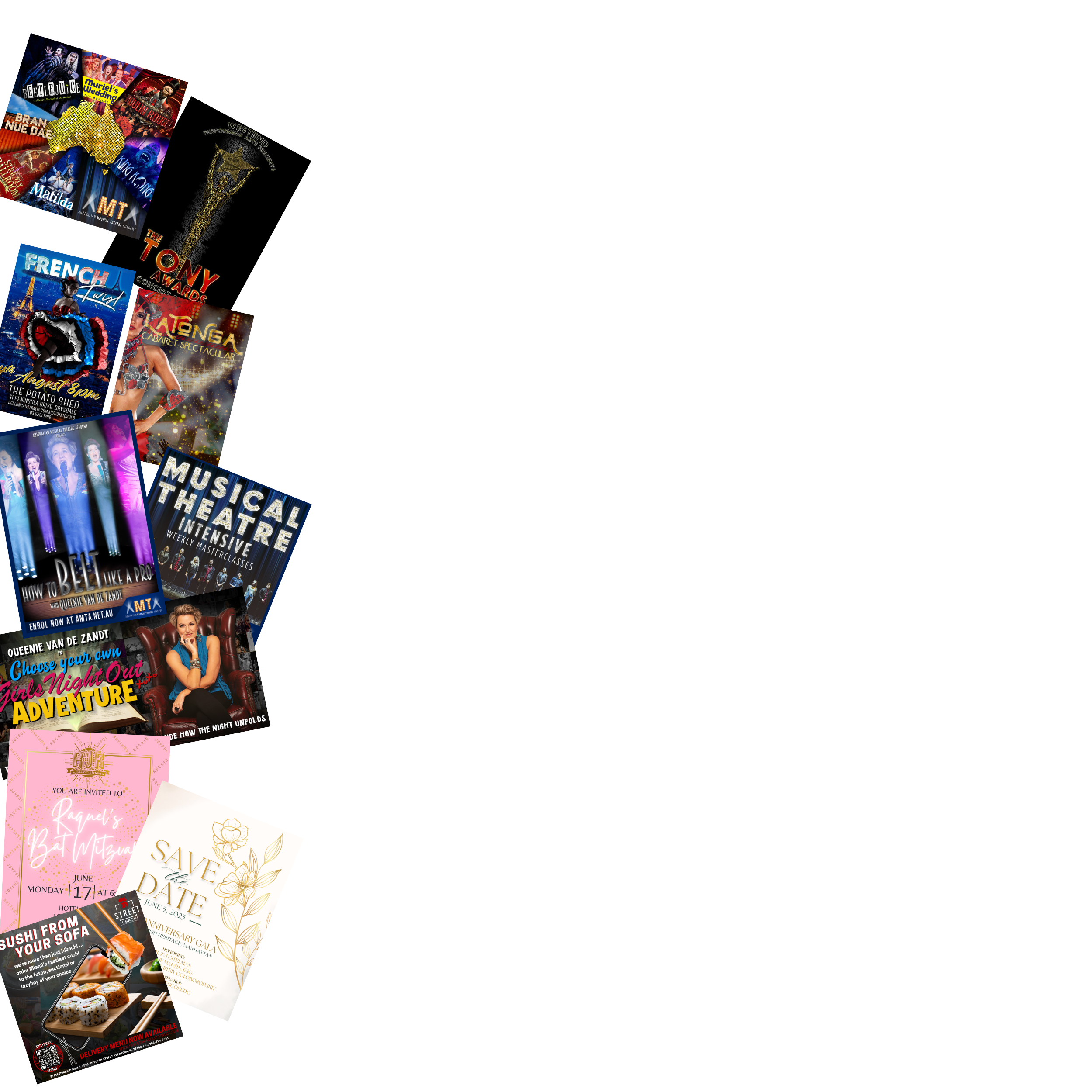 Collage of various event, performance, and celebration flyers, including theater performances, awards, parties, date save-the-dates, and food-themed promotions.