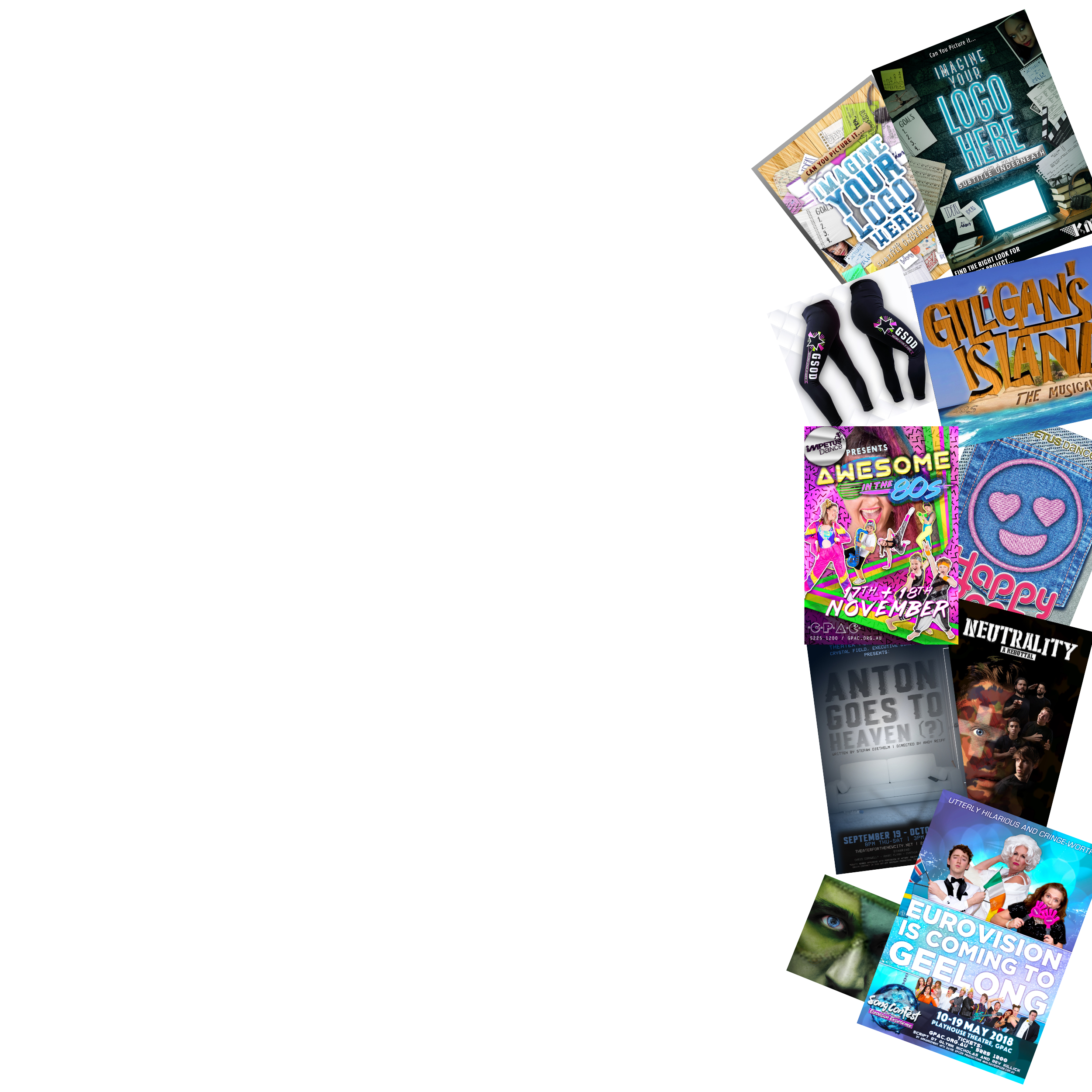 A collection of various colorful event posters and merchandise, including promotional flyers for performances, a pair of black socks with colorful symbols, and a few booklets with text related to entertainment and events.
