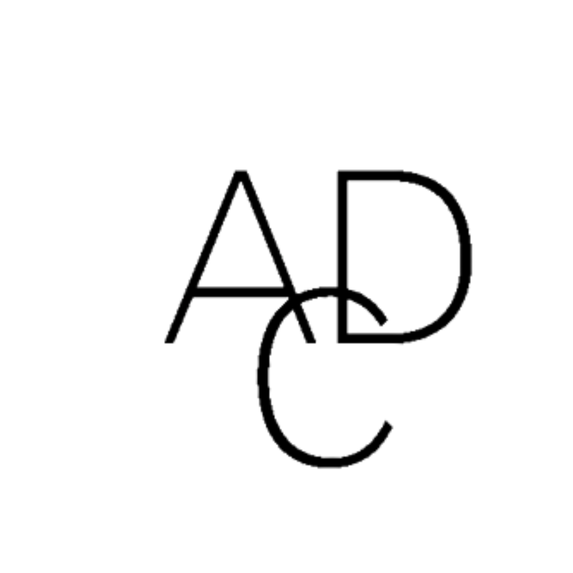 Black outlined letters A, D, and C intertwined inside a white circle.