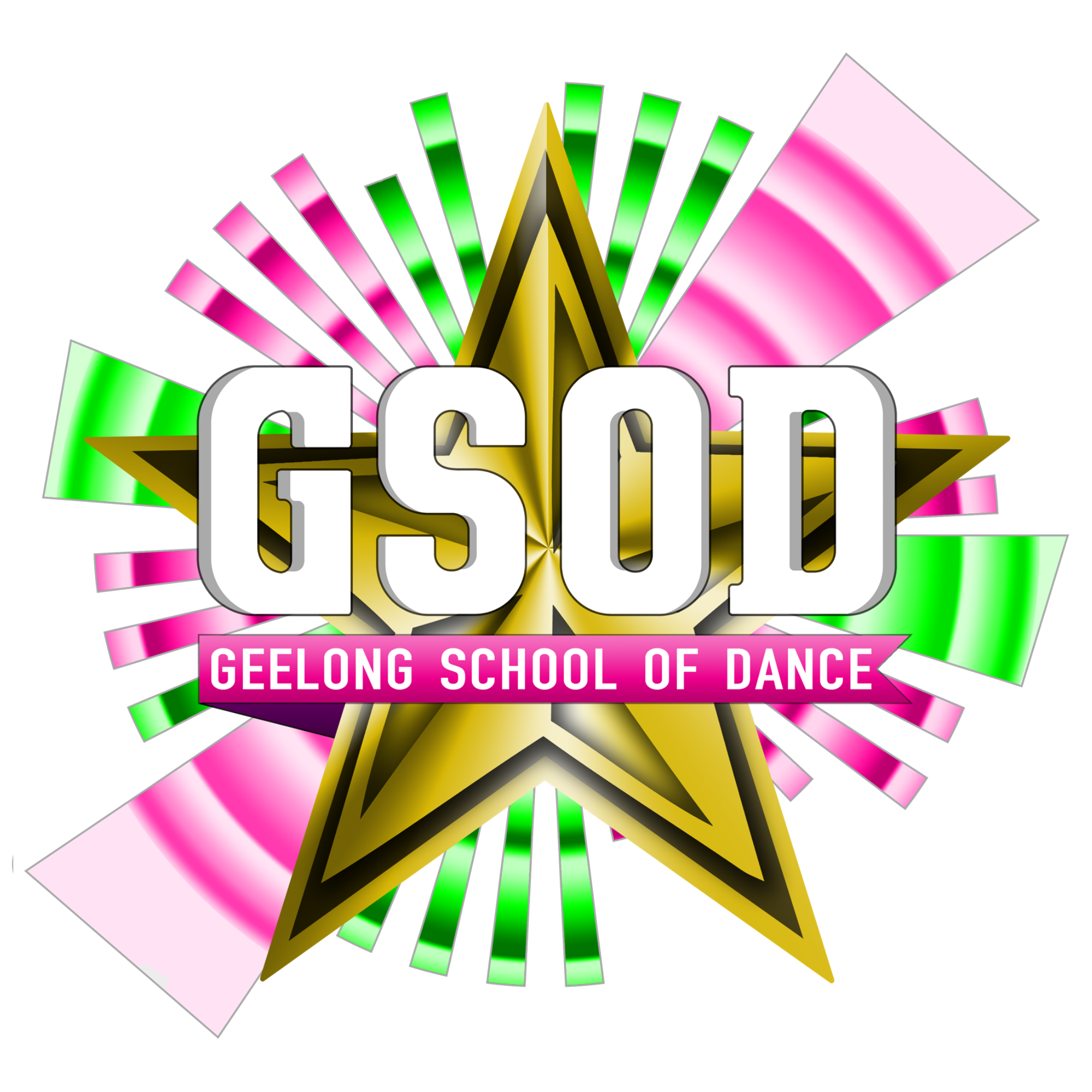 A colorful graphic featuring a golden star and an abstract background with green and pink rays. The text 'GSD' is prominently displayed in large white letters, with a pink ribbon below reading 'Geelong School of Dance.'