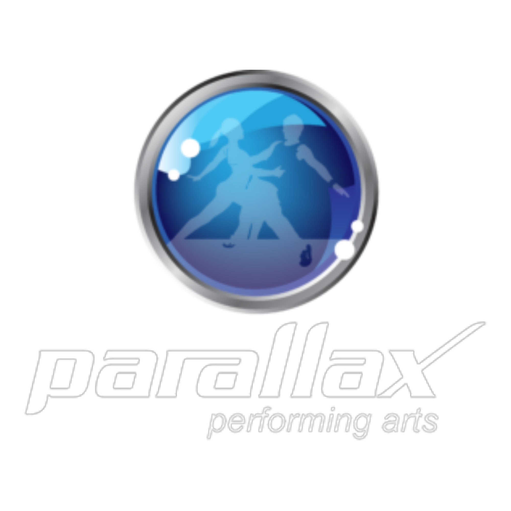 Parallax Performing Arts logo featuring a blue circular emblem with silhouettes of dancers and the text "parallax performing arts" beneath.