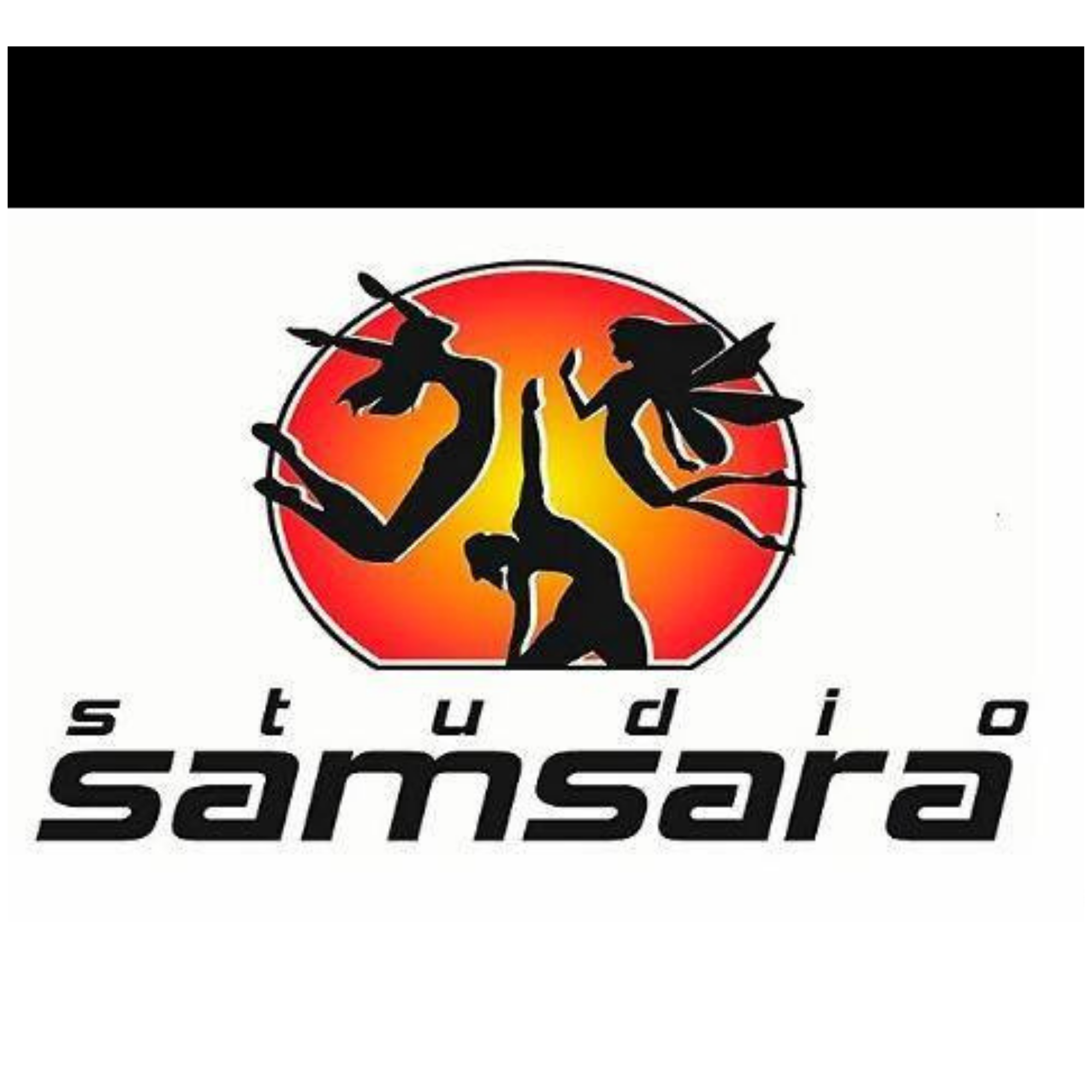 Silhouette of three women with wings and weapons inside a red and orange circle, with the words 'studios' and 'samsara' in black stylized font below.