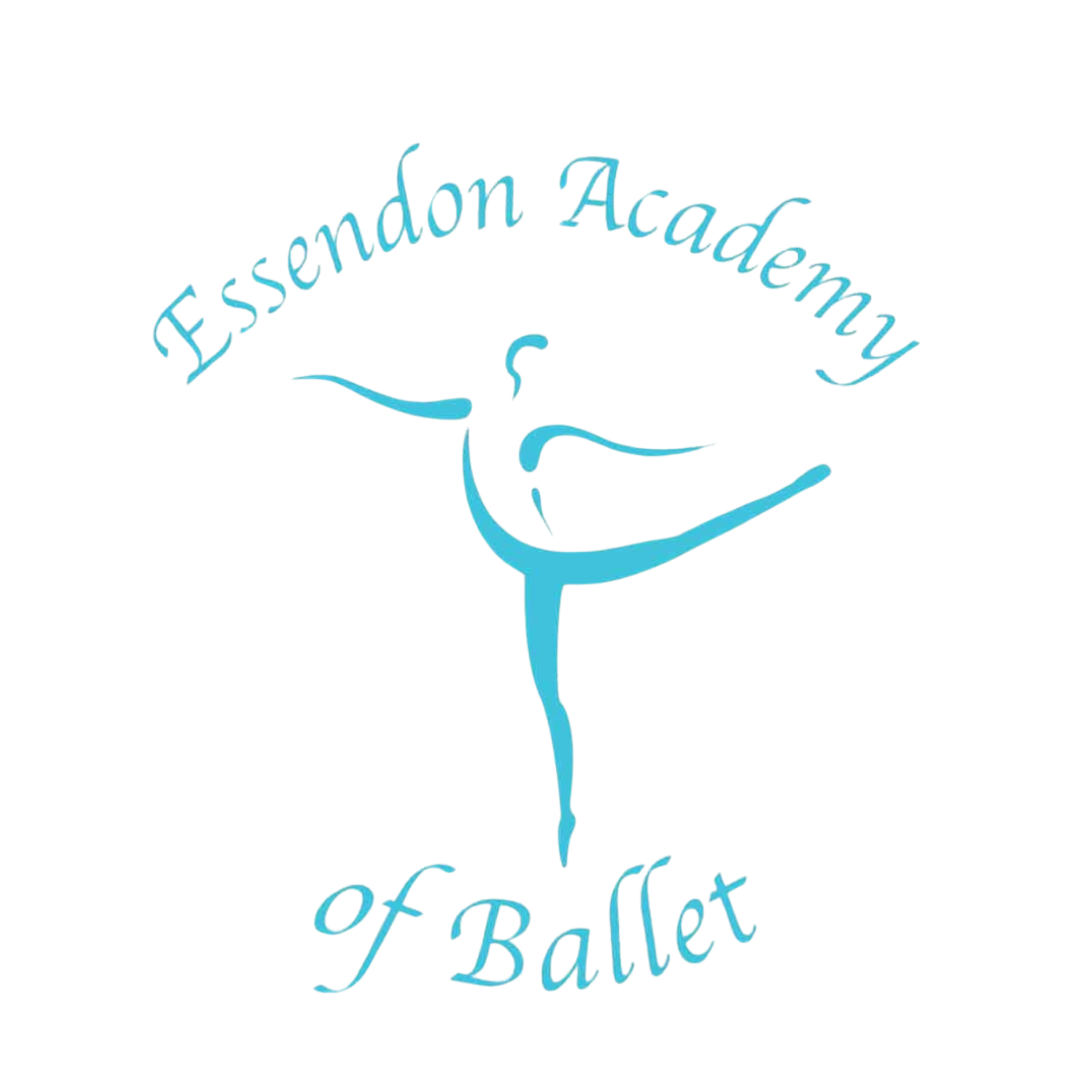 Blue logo of Essendon Academy of Ballet featuring a stylized ballerina with arms and leg extended, with the text 'Essendon Academy of Ballet' written around her.