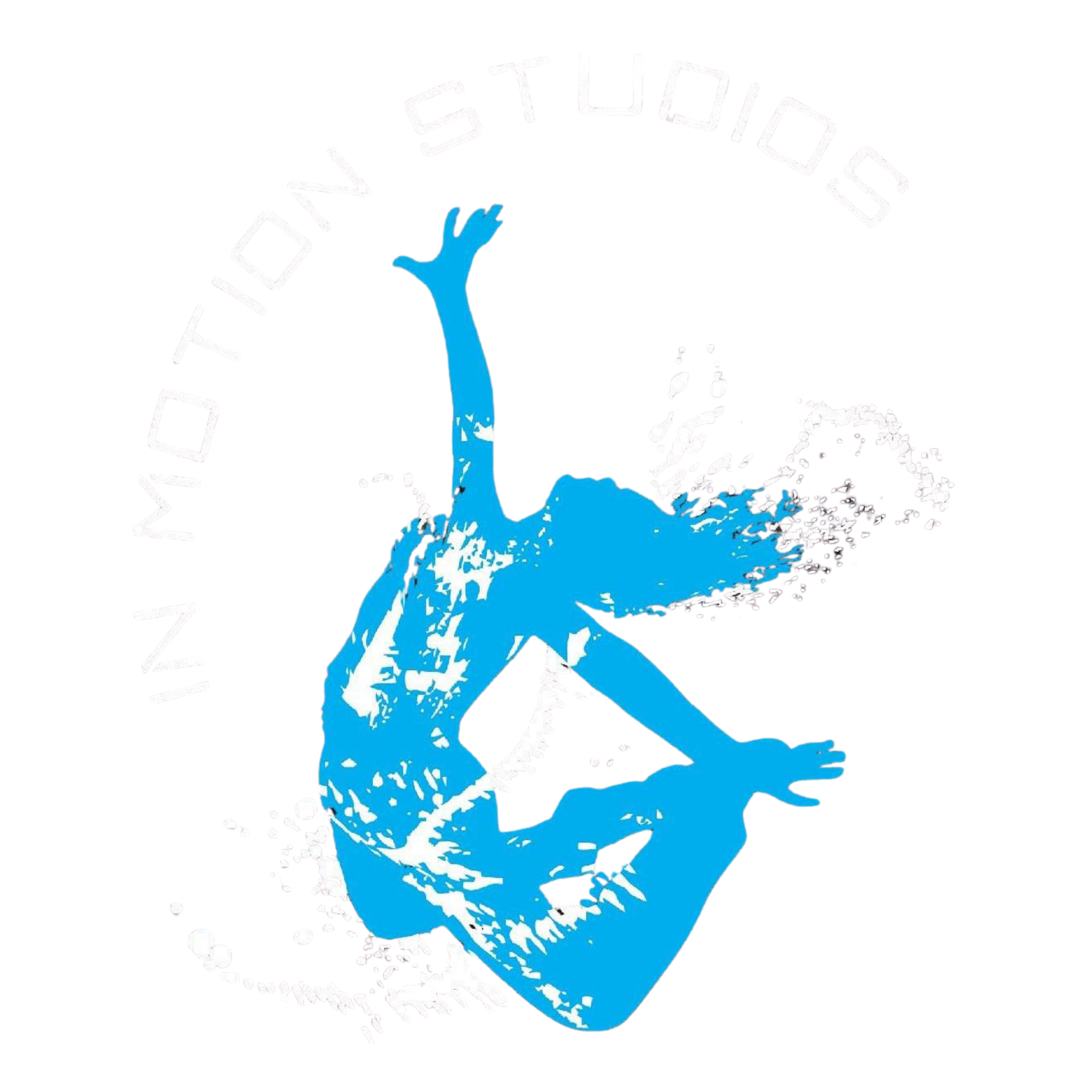 Logo for Motion Studios featuring a blue splash silhouette of a person with curly hair, with the studio name curved above in white text.