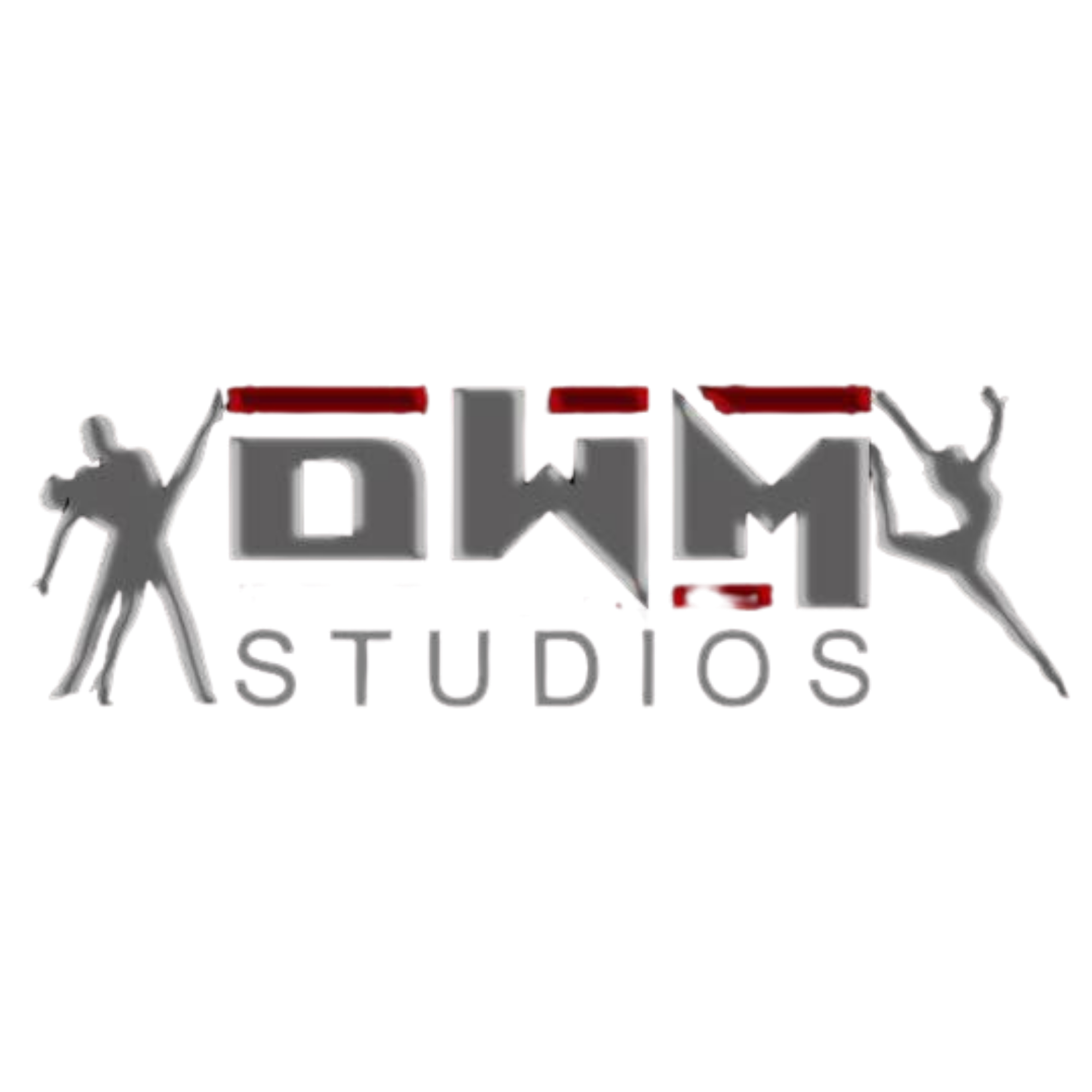 Dewy Studios neon sign with two dancers, one on each side, in silver and red colors.