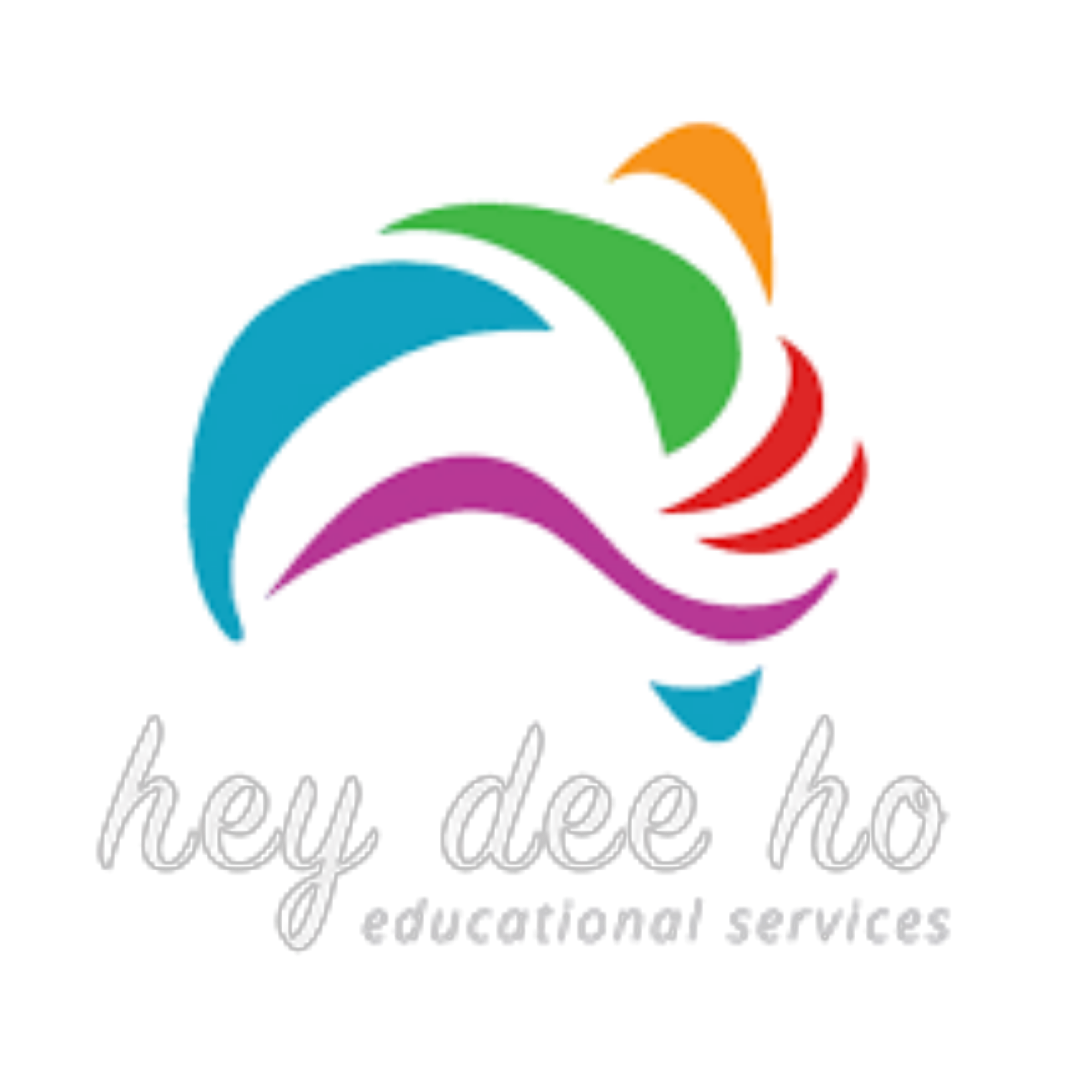 Colorful logo with abstract rainbow and wave shapes above the text 'hey deo ho educational services' against a black background.