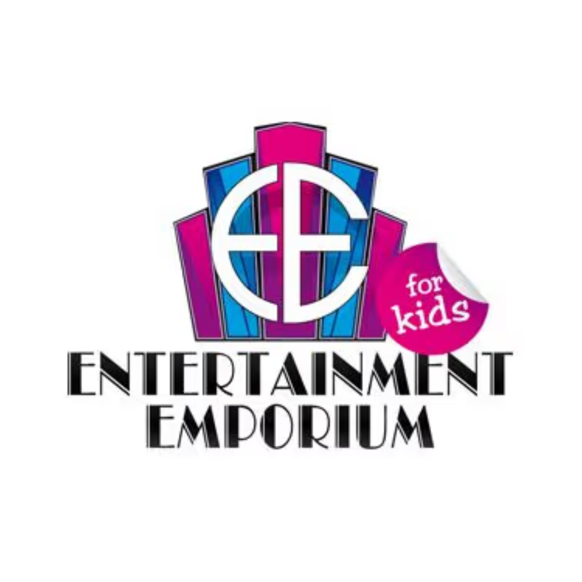Logo for Entertainment Emporium for Kids, featuring stylized purple and blue building structures, with a large white 'EE' in the center, and a pink label that says 'for kids' on the right side.