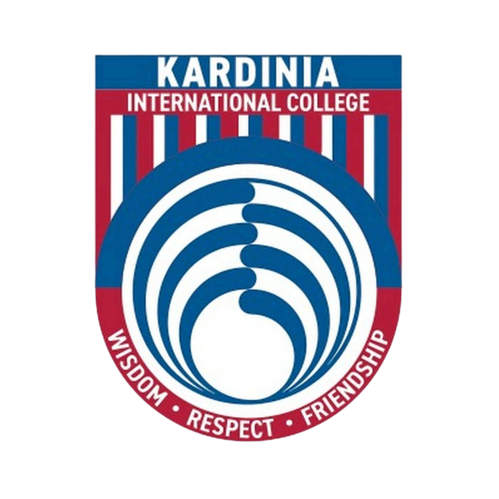 Logo of Kardinia International College with a stylized globe and red, white, and blue colors. Contains words 'Wisdom', 'Respect', 'Friendship' at the bottom.