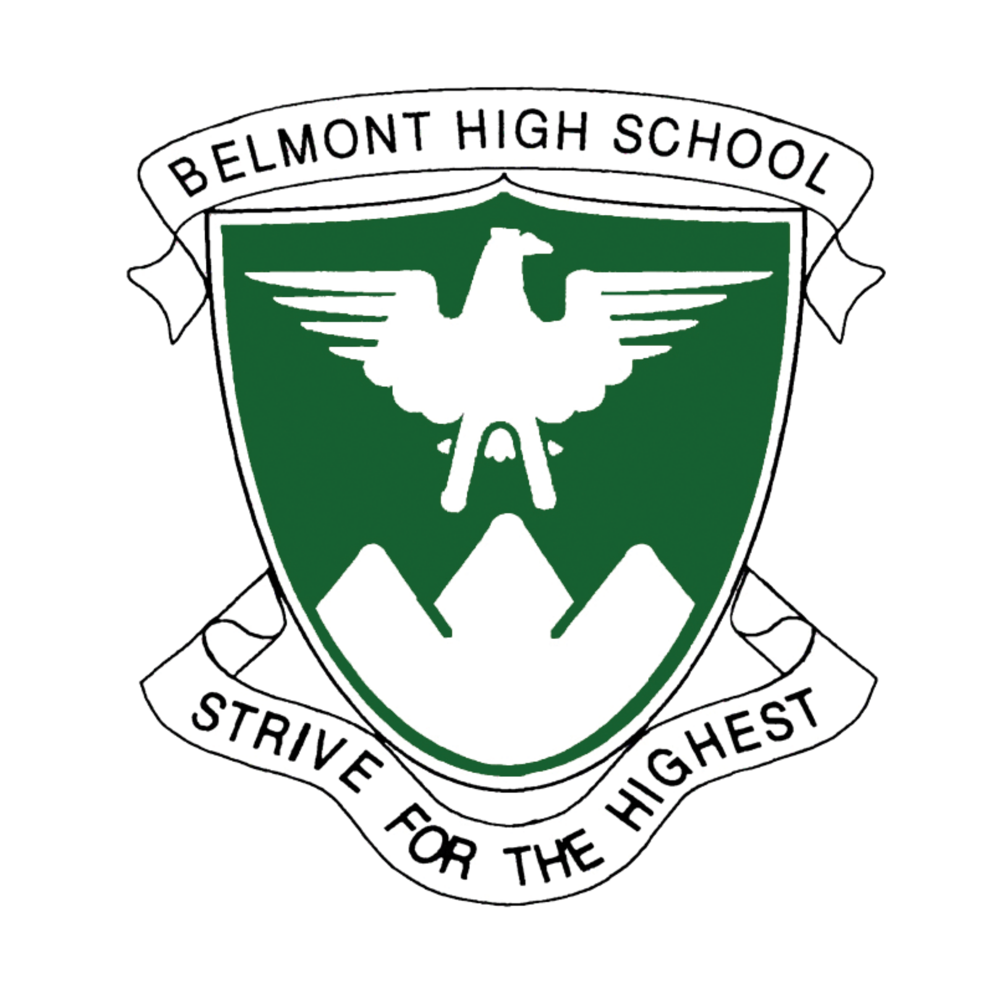 Belmont High School emblem with a white bird, mountain peaks, and local banner reading 'Strive for the Highest' on a green shield.