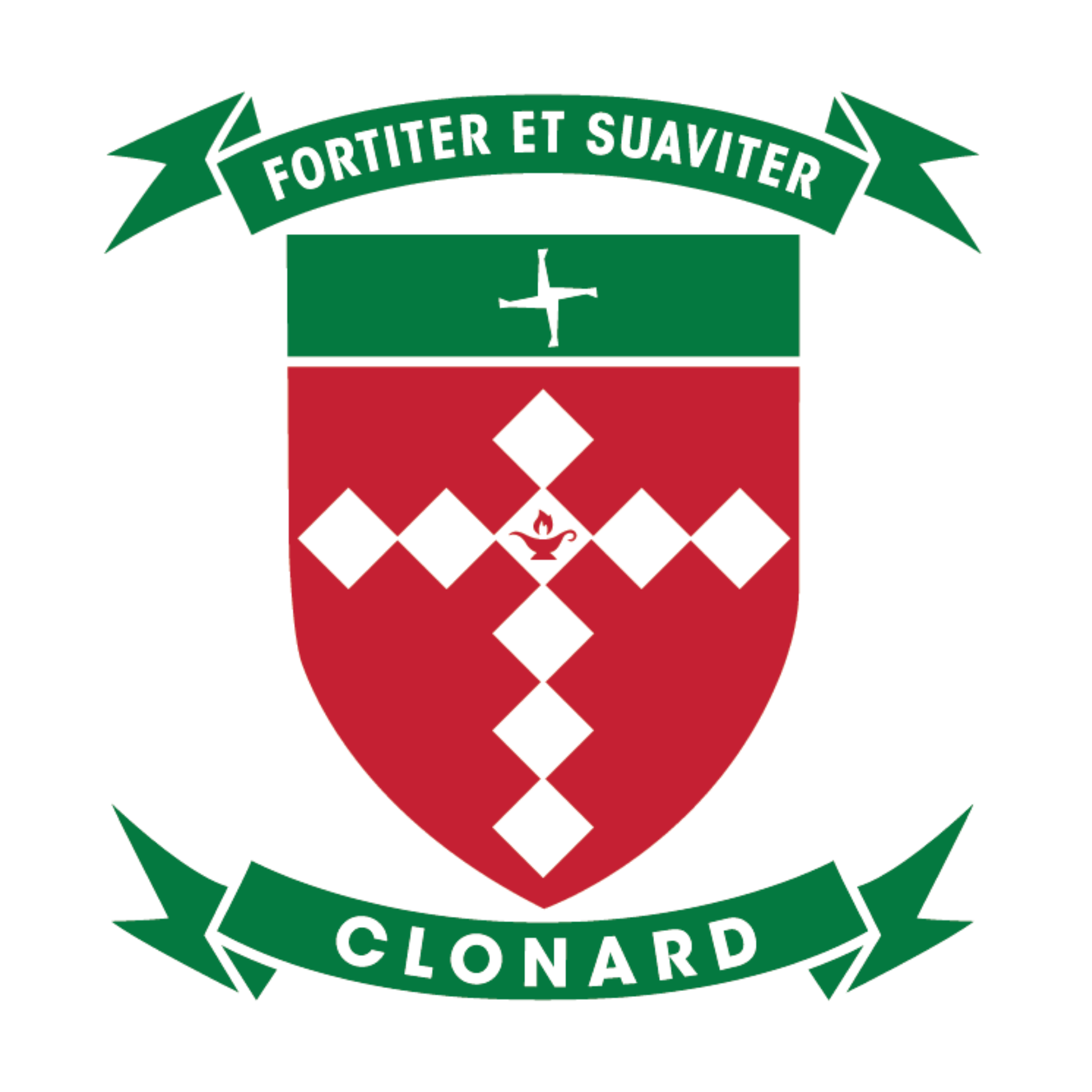 A shield divided into two parts with a banner above reading "Fortiter et Suaviter" and a banner below reading "Clonard". The upper part has a green background with a white cross and a white bird. The lower part is red with a white cross made of diamonds, and a small white lamp with a flame in the center.