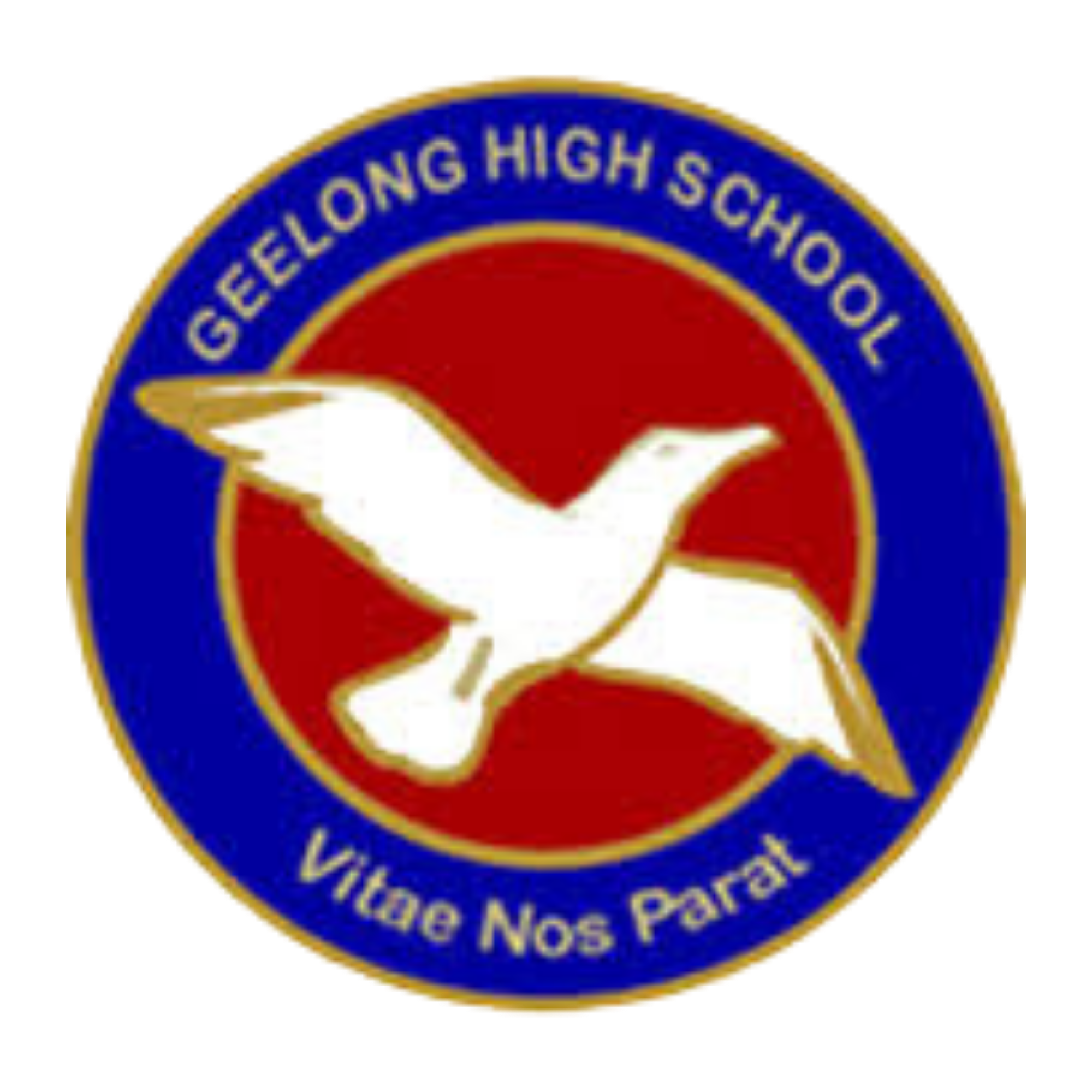 Geleong High School emblem featuring a white bird, blue and red circular background, and gold-trimmed text 'Geleong High School' and 'Vive Nos Paria'.