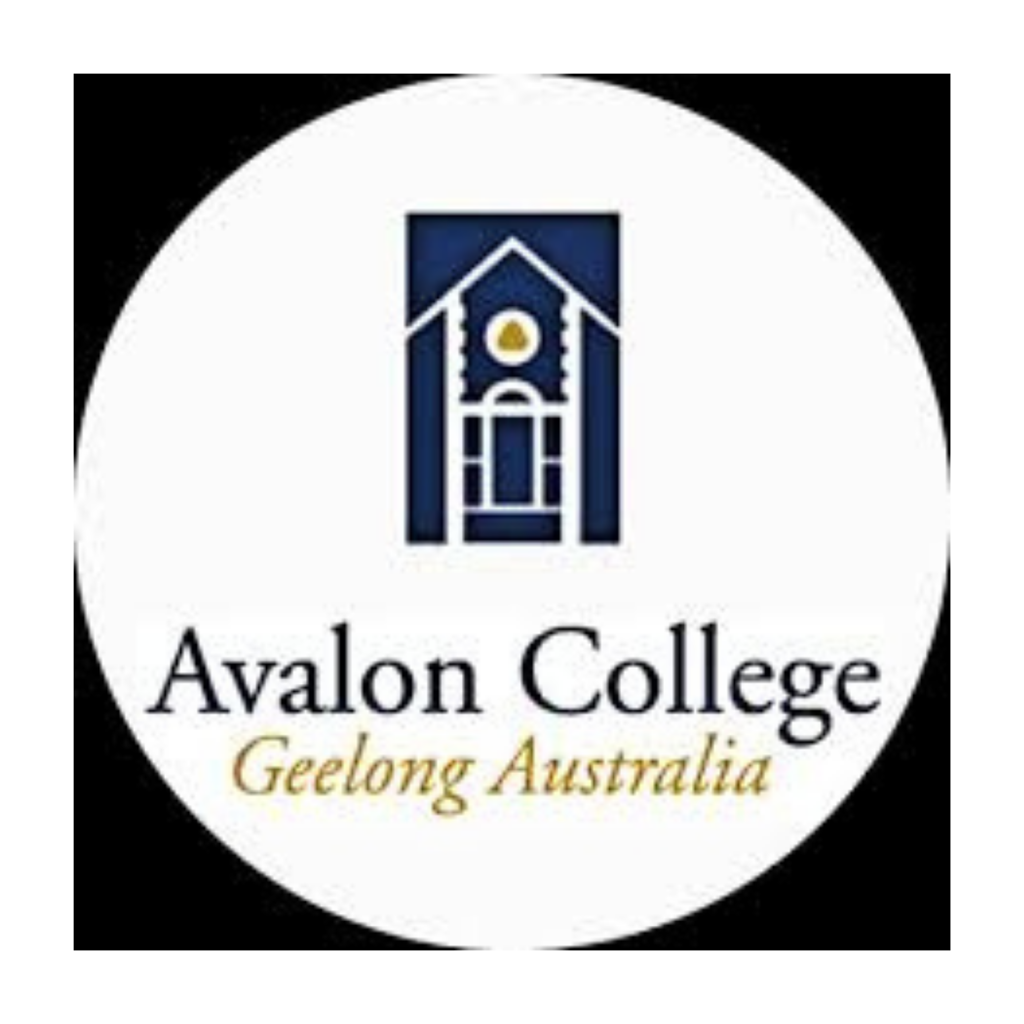 Logo of Avalon College in Geelong Australia, featuring a stylized clock tower with blue and gold accents and the college name beneath.