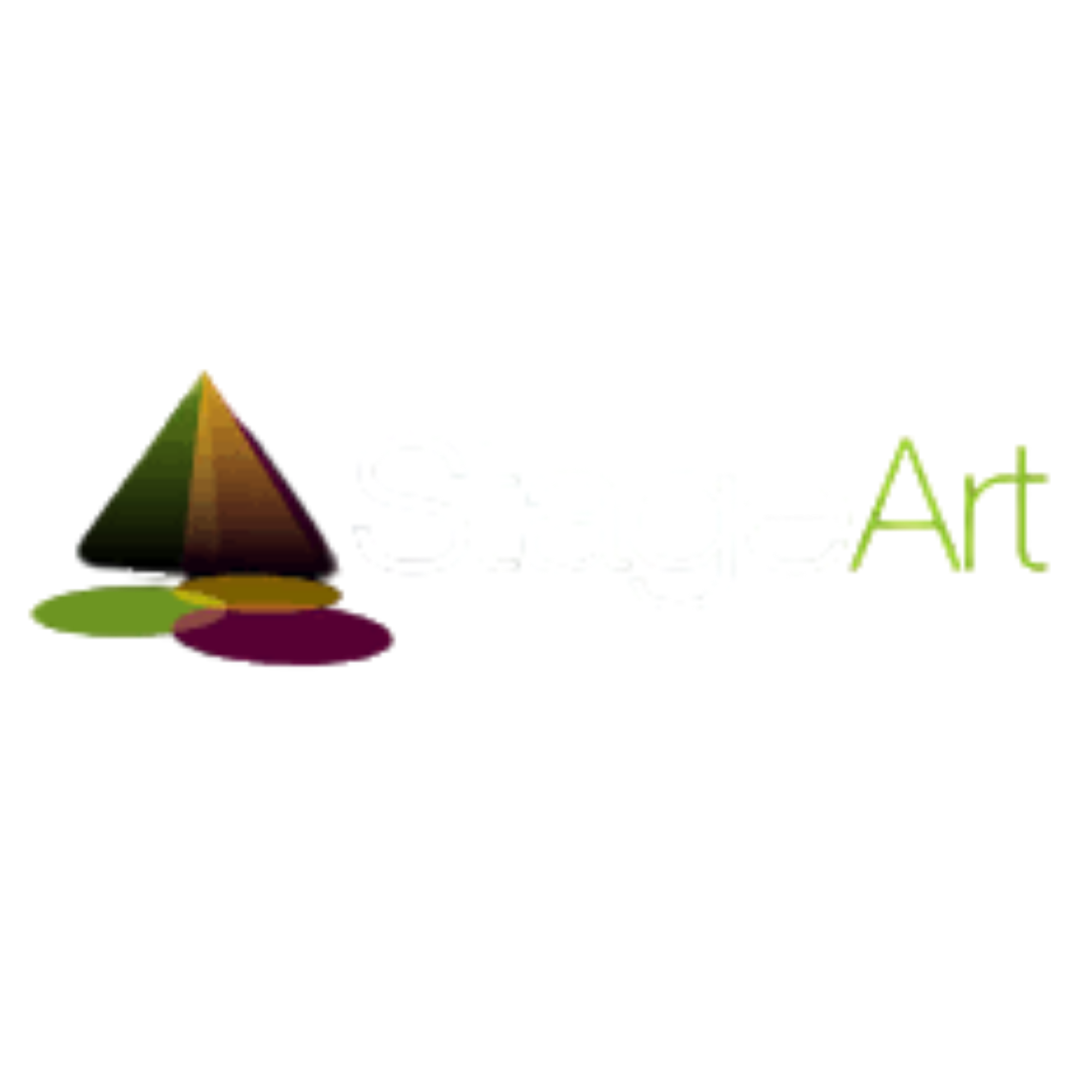 Logo of StageArt with stylized 3D cone and oval shapes in green, purple, and yellow colors, and the text 'StageArt' in white and green.