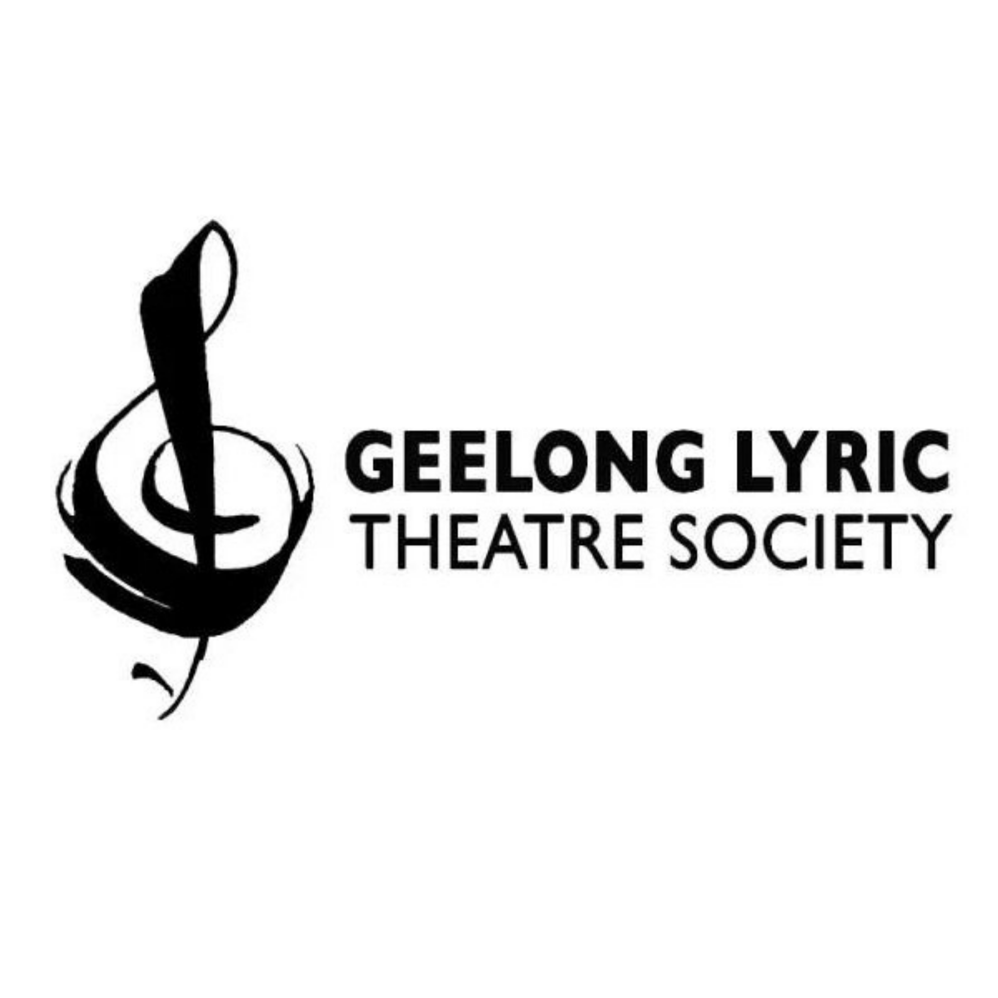 Logo of the Geelong Lyric Theatre Society featuring a musical note intertwined with a treble clef symbol, with the organization's name in bold black letters.
