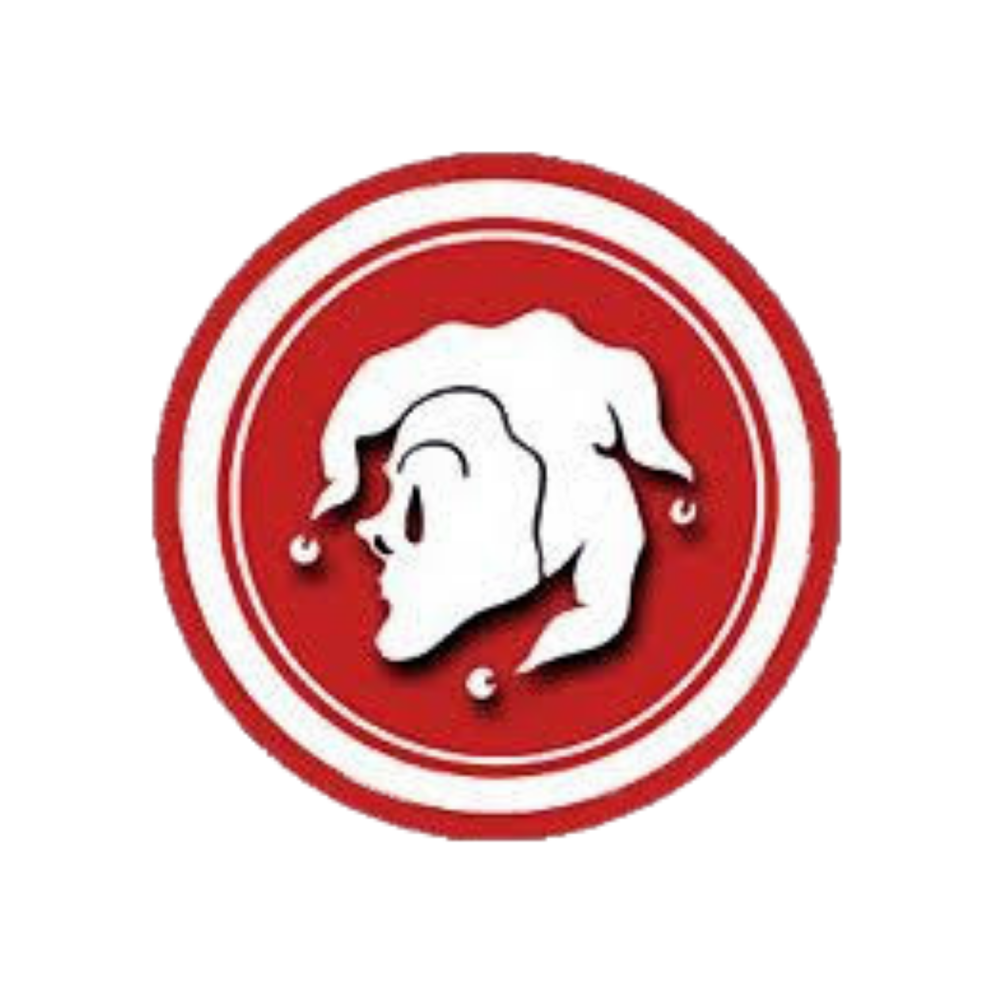 A circular logo featuring a white silhouette of a dog's head against a red background, with white circles surrounding the dog's head.