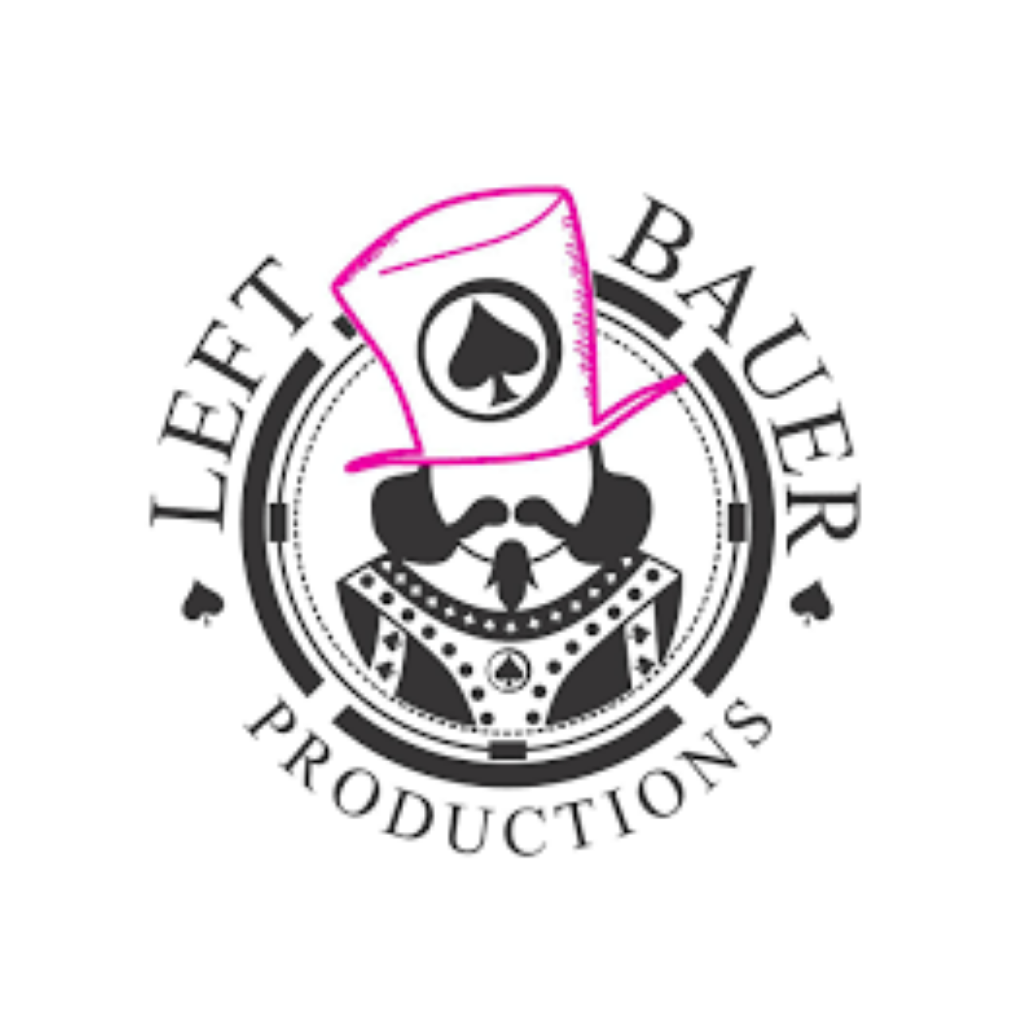 Logo for Leet Baeuer Productions featuring a stylized face with a mustache, beard, and bowtie, wearing a top hat with a spade symbol, surrounded by the text "Leet Baeuer Productions" and small heart symbols.