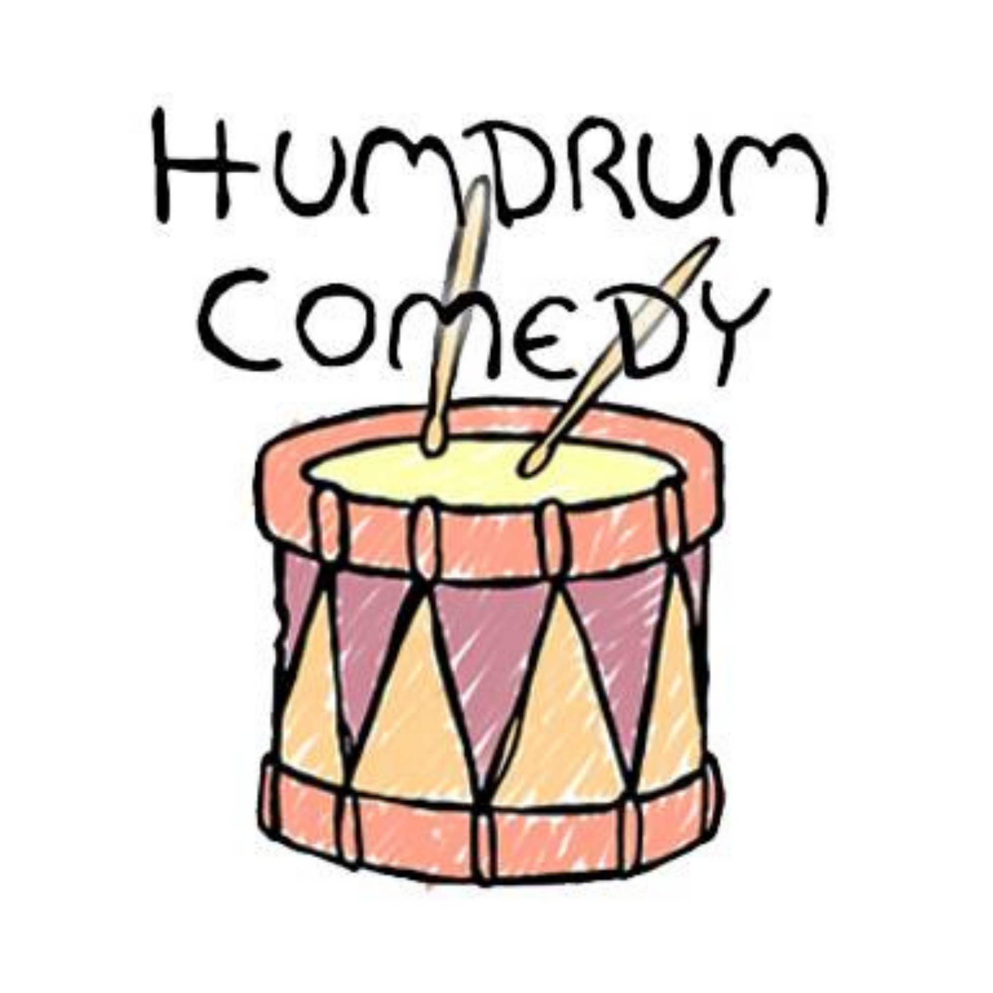 A hand-drawn illustration of a drum with the words 'HumDruM CoMeDy' written above it, with two drumsticks crossing inside the drum.