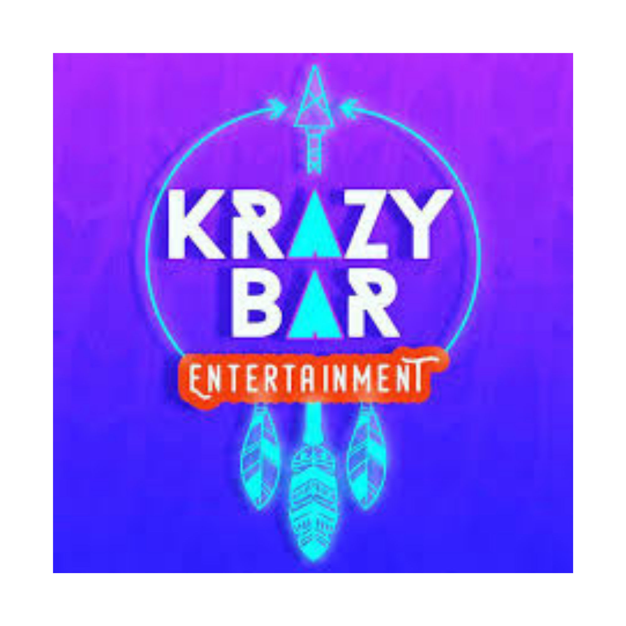 Neon sign for Krazy Bar Entertainment with a purple background, featuring arrows and feathers in blue and purple neon lights.