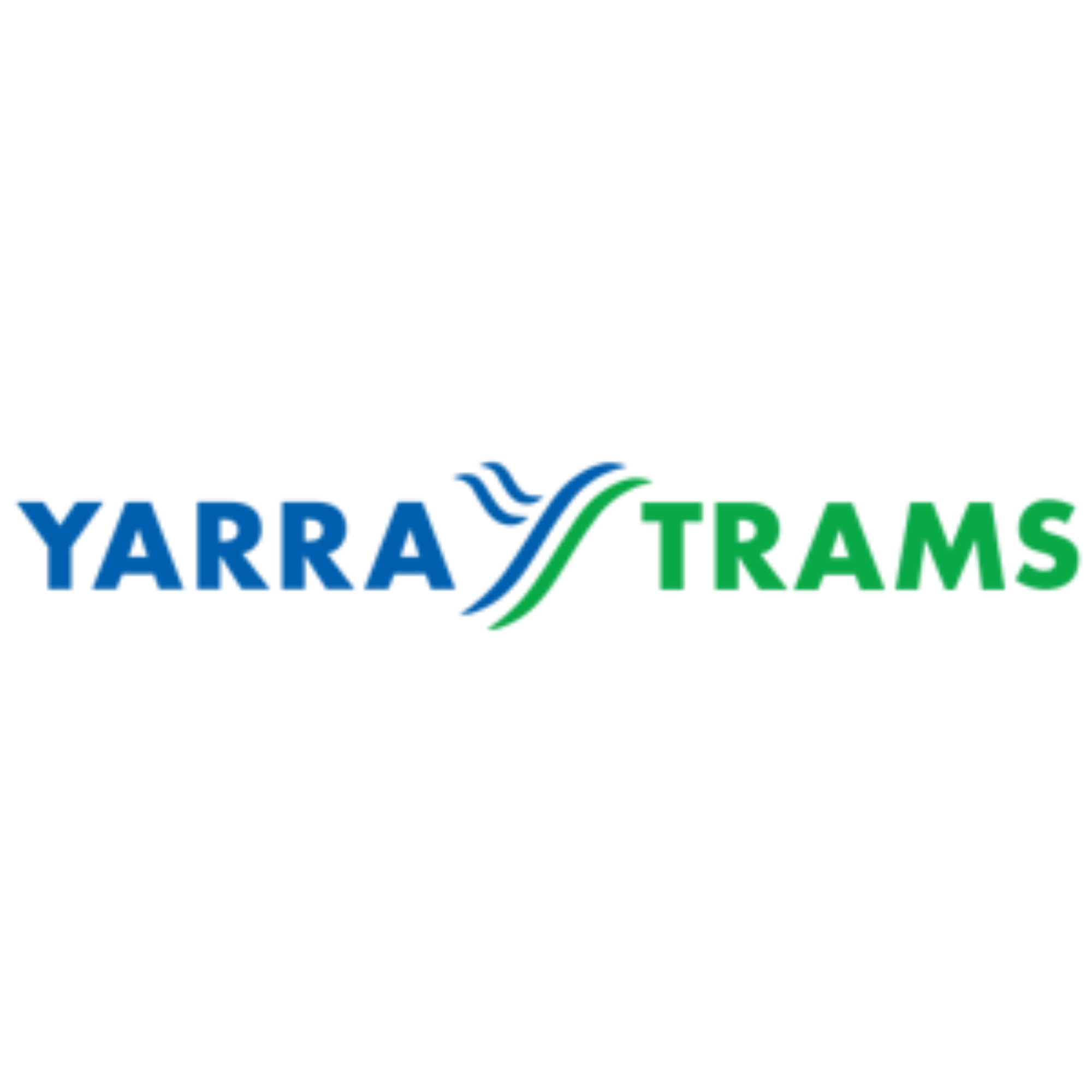 Yarra Trams logo with blue and green text and a stylized tram track design in blue and green.
