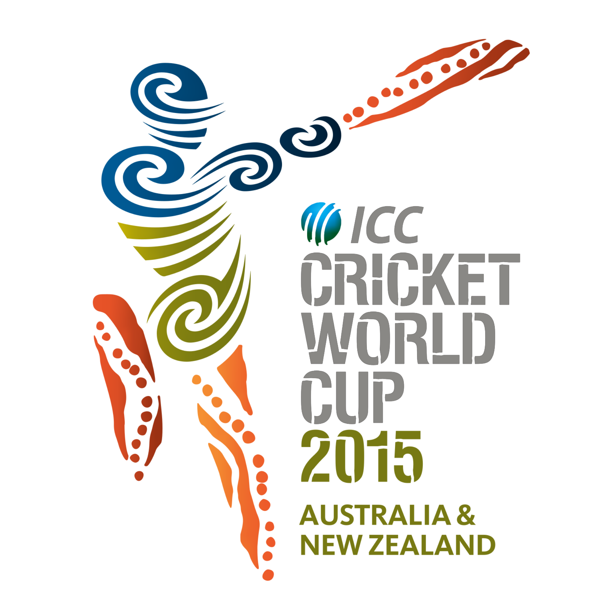 Logo for the ICC Cricket World Cup 2015, featuring stylized map of Australia and New Zealand with colorful swirls and dots, and text indicating the event and locations.