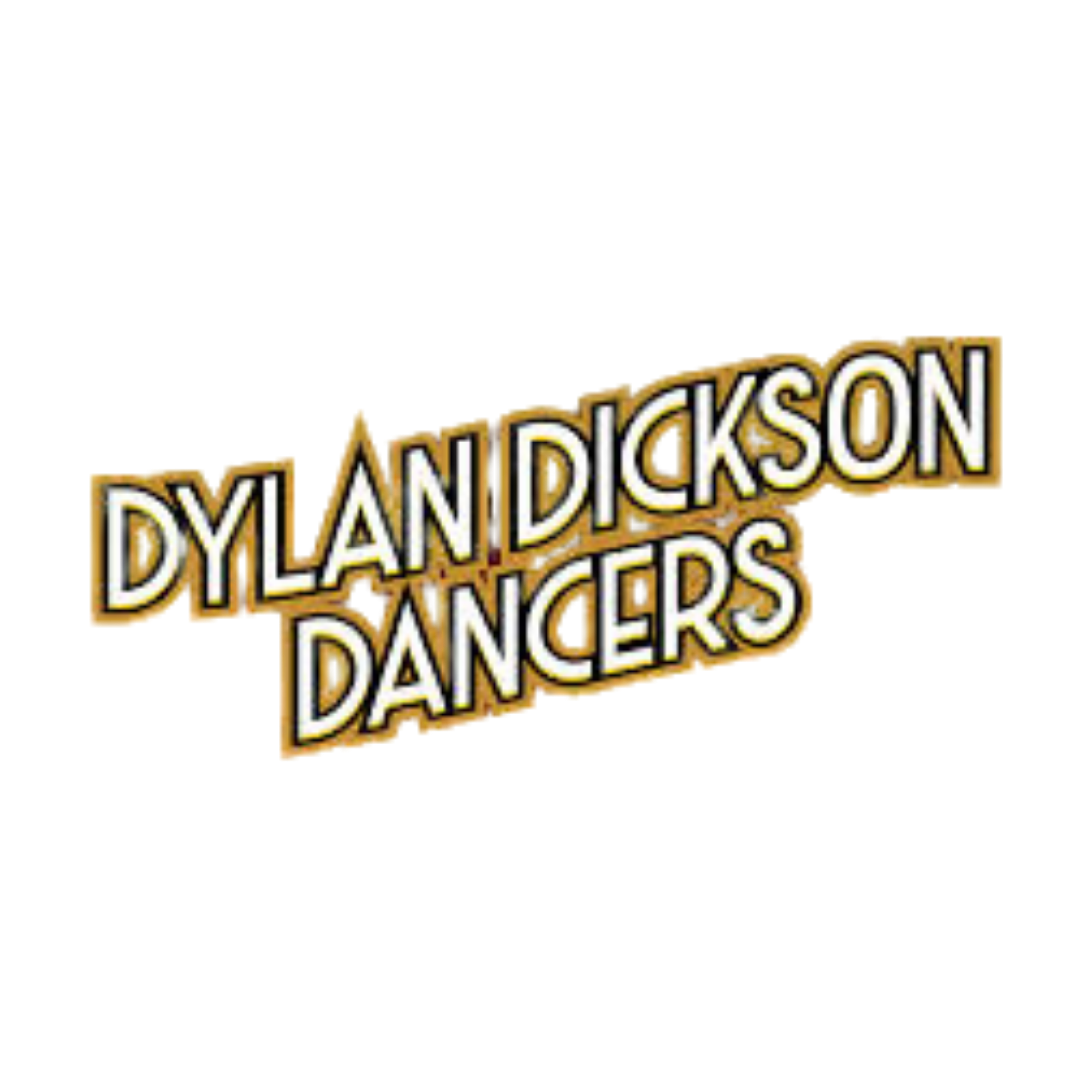 Text logo for Dylan Dickson Dancers with gold and white letters on a black background.