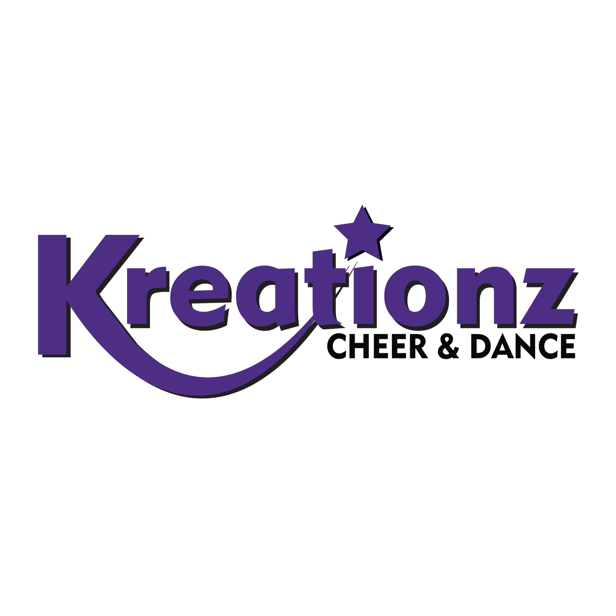 Logo for Kreationz Cheer & Dance in purple and black with a star and swoosh design