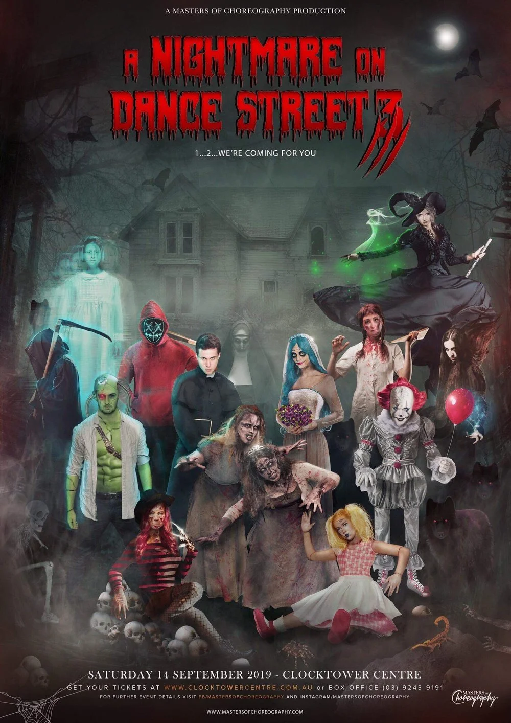 Halloween-themed poster for a dance performance titled 'A Nightmare on Dance Street,' featuring actors in costumes such as a witch, clown, zombie, vampire, and ghost, with dark haunted house background and spooky elements like bats, skulls, and spider webs.