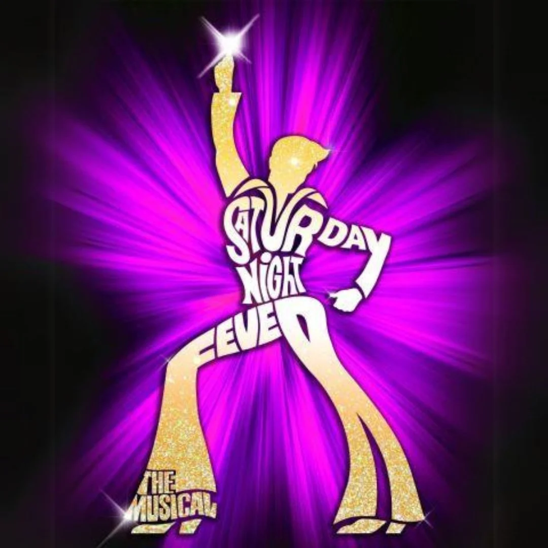 Graphic silhouette of a woman in high heels with a raised arm, holding a star, with purple radiating background, and the words "Saturday Night Fever" integrated into the design.