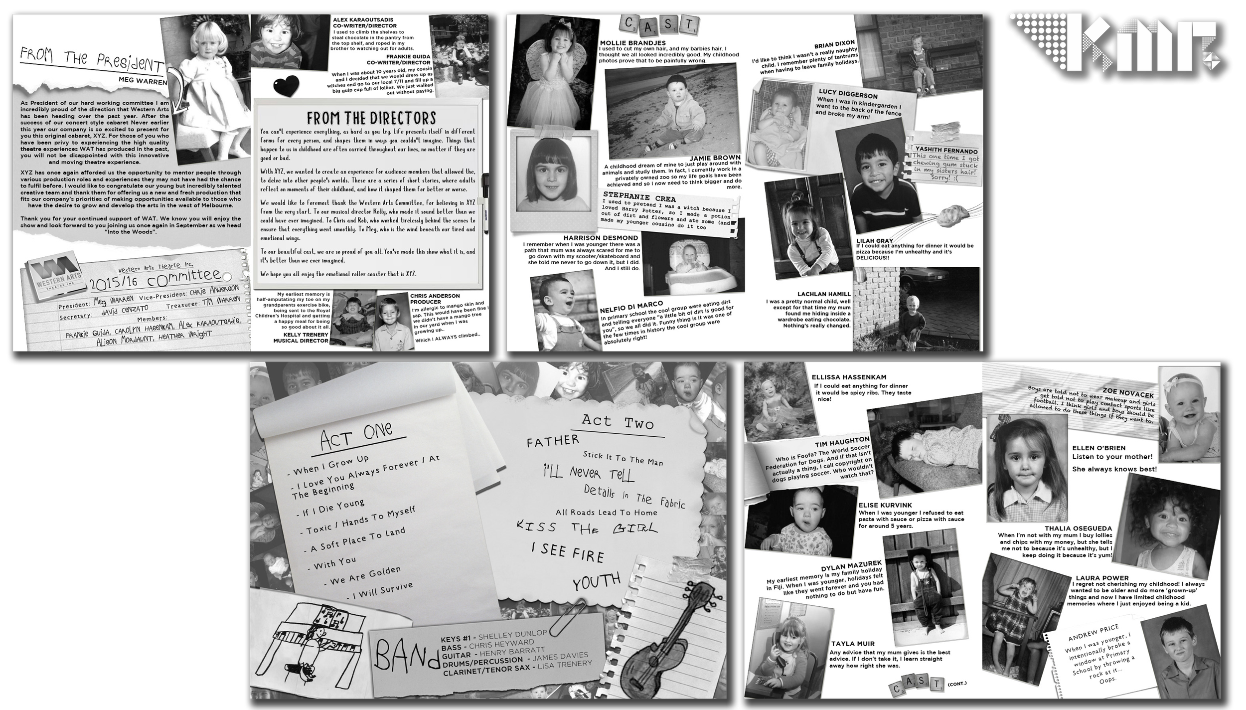 Collage of black and white childhood photos and handwritten notes, including a program, concert tickets, and personal stories, celebrating memories and achievements.