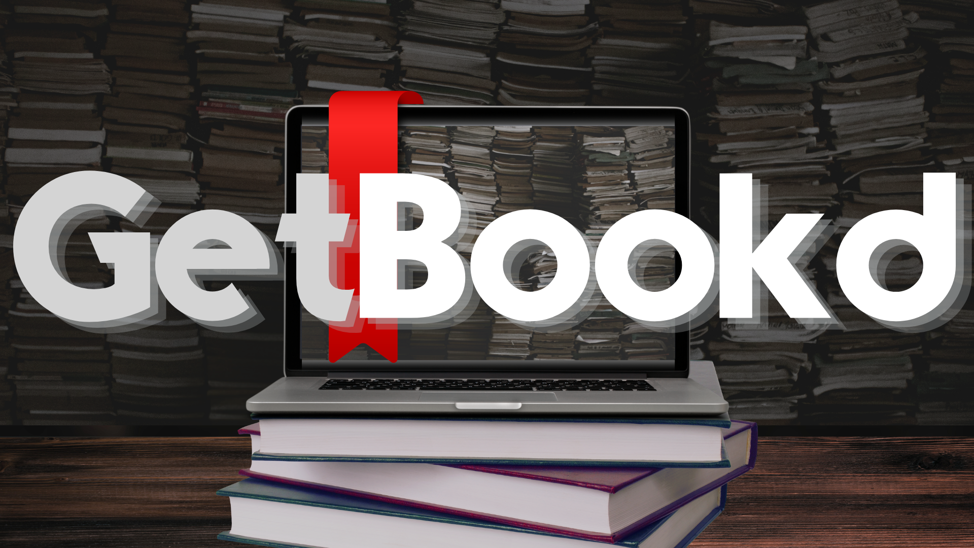 A laptop placed on a stack of books with a background of numerous stacked papers and a transparent text overlay reading 'Get Booked'.