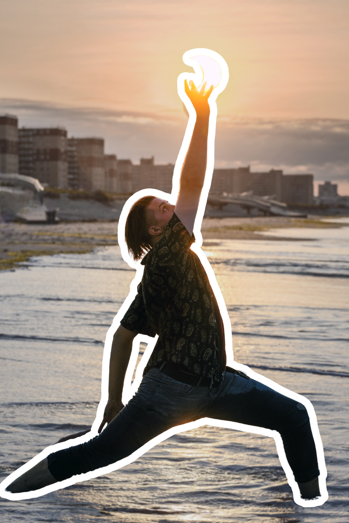 Person performing a yoga warrior pose on the beach during sunset, outlined with a white border.
