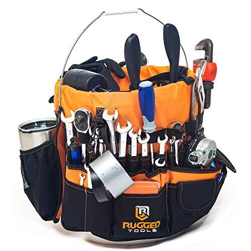 A tool belt filled with various hand tools and a pair of work gloves, with a side pocket holding a metal tumbler.