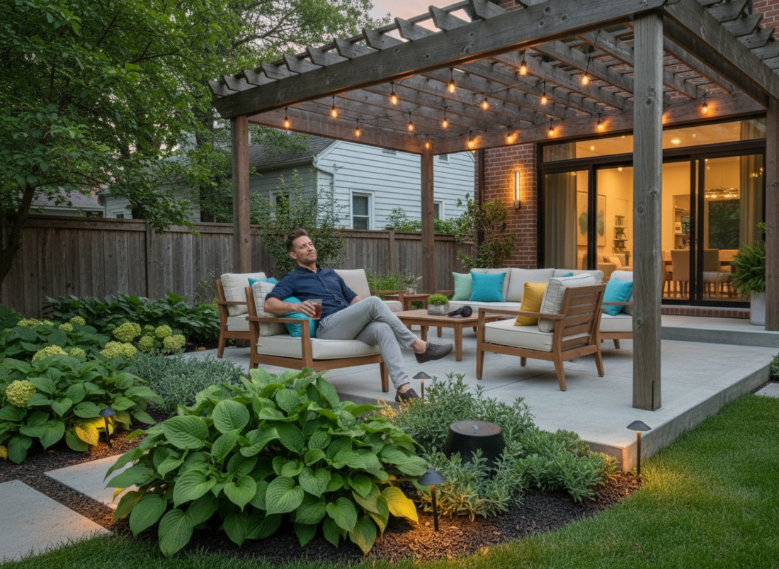 A man sitting on an outdoor patio sofa holding a drink, under a wooden pergola with string lights, surrounded by lush green garden plants, with a view into a well-lit indoor dining area through sliding glass doors.