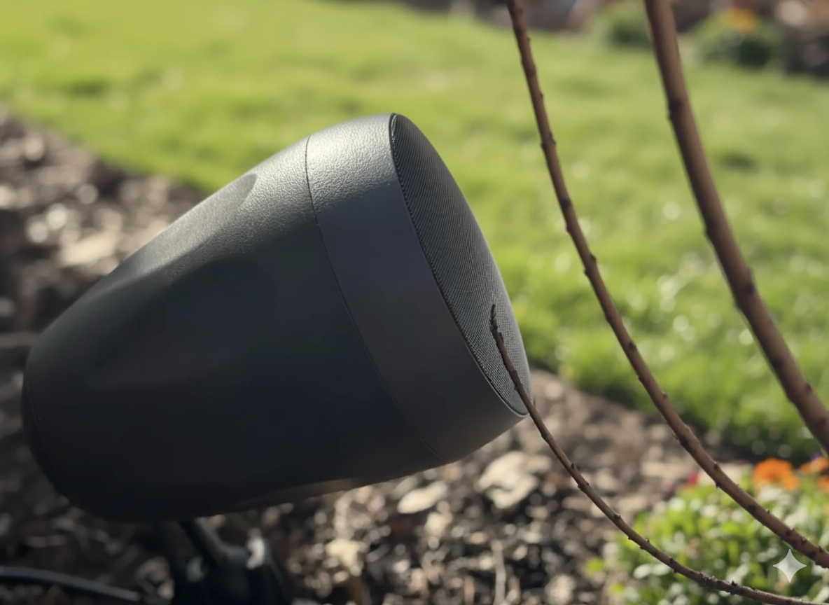 A brown Enfuze landscape speaker installed on the ground next to small tree branches in a garden with green grass and soil