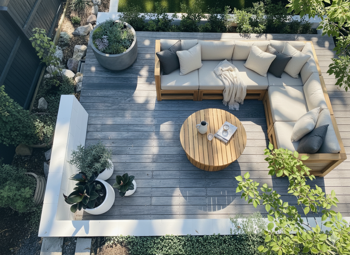 Top-down view of an outdoor patio with a wooden deck, round wooden coffee table with a vase, glasses, and a book, L-shaped beige outdoor sofa with pillows and a throw blanket, potted plants along the edges, and a garden with rocks and greenery surrounding the patio.