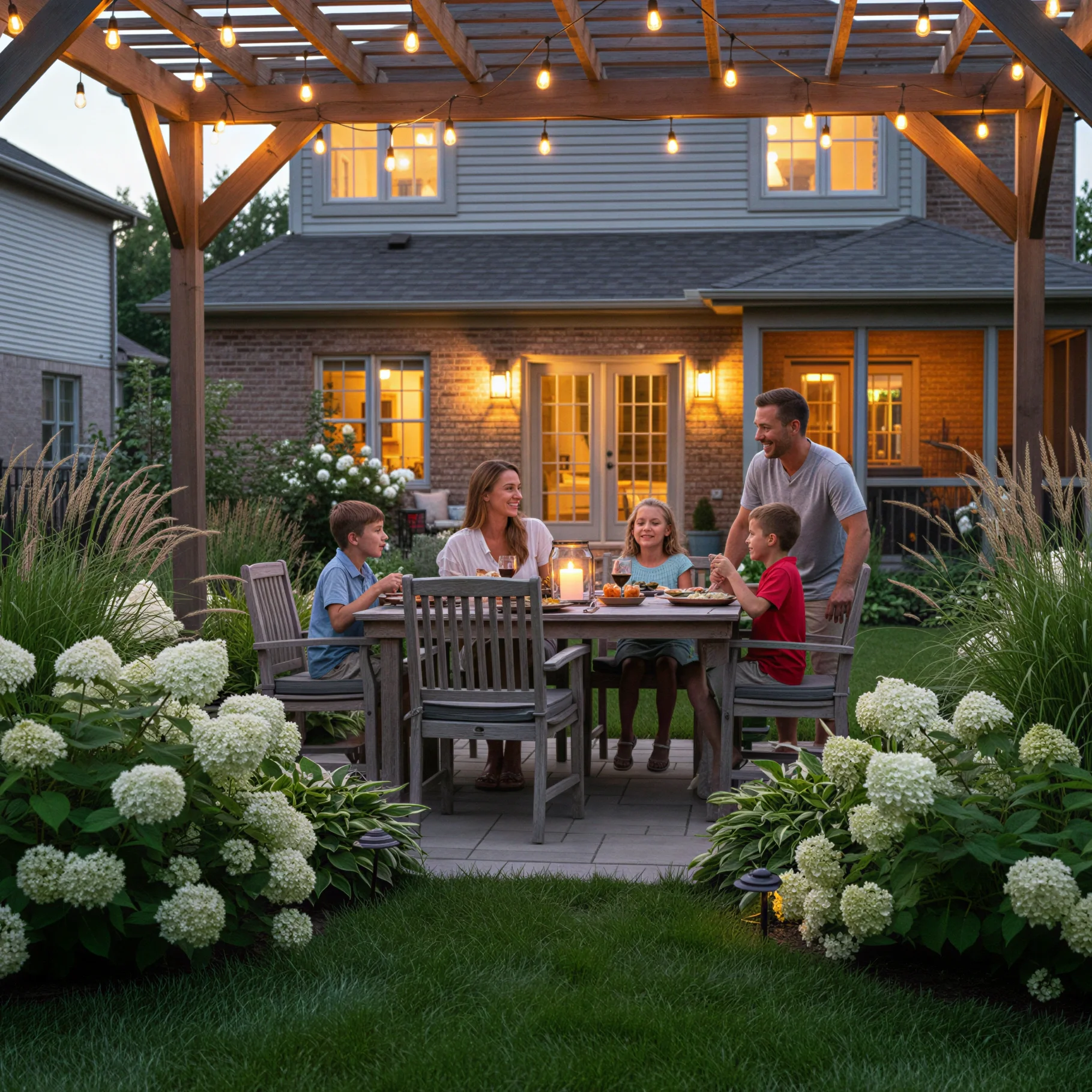 Family enjoying dinner outdoors on a patio under a wooden gazebo decorated with string lights, in a backyard with white flowers and a two-story house in the background during evening.