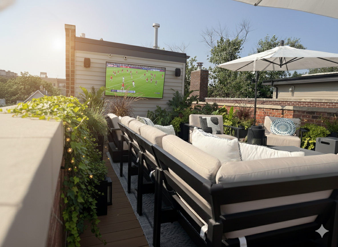 Outdoor rooftop patio with a large flat-screen TV playing a soccer game, surrounded by cushioned seating and garden plants, with an umbrella providing shade.